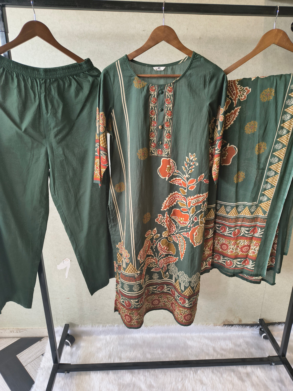 Emerald Green Floral Printed Three-Piece Cotton Kurta Set with Dupatta