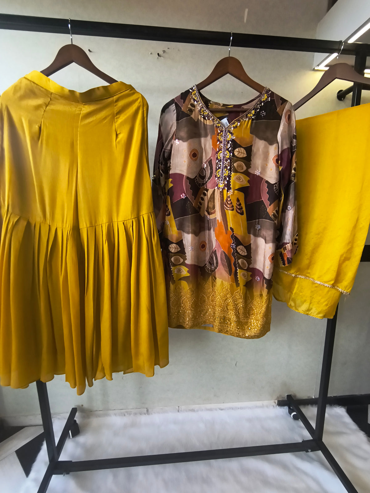 Premium Mustard Abstract Printed Kurta with Sharara & Dupatta Set