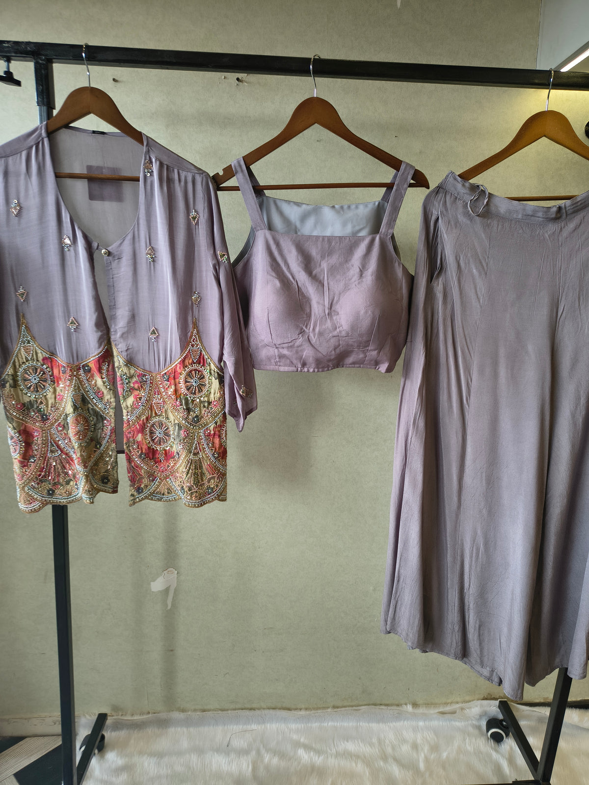 Dusty Mauve Tissue Silk Embroidered Peplum Jacket with Bustier & Flared Palazzo – 3 Piece Designer Indo-Western Set