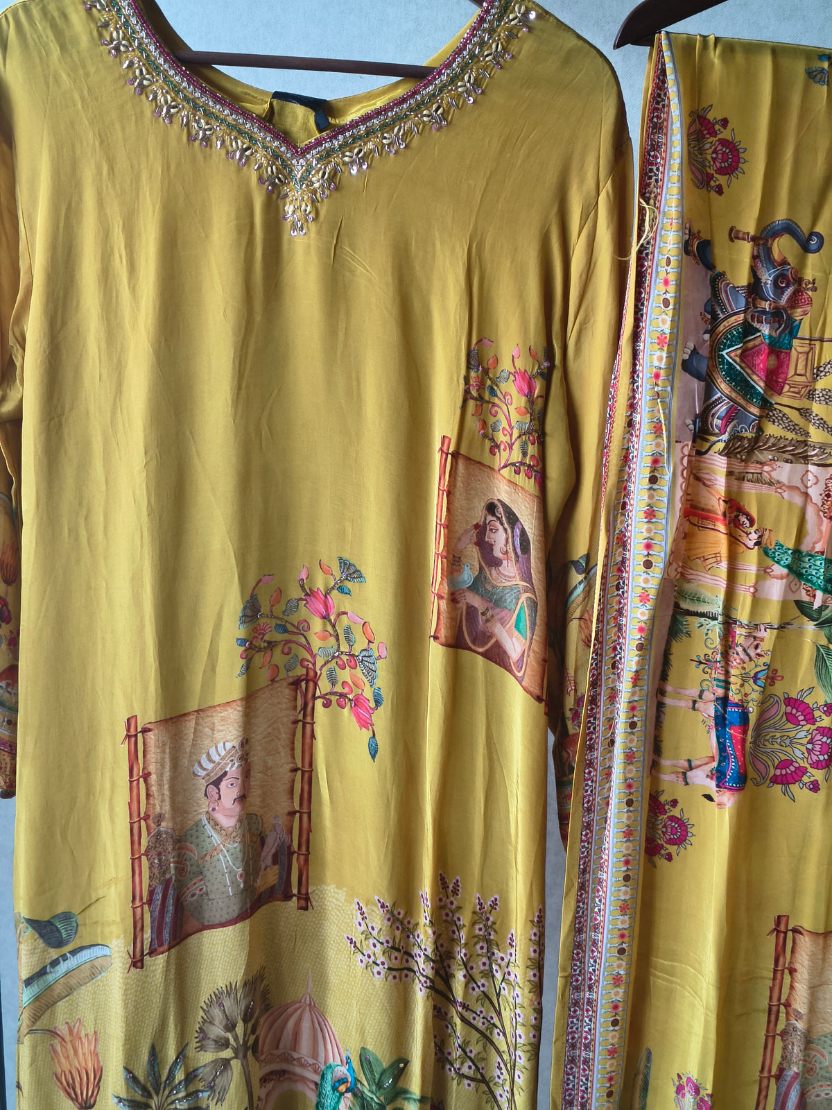 Premium Mustard Yellow Heritage Print Straight Kurta Set with Scenic Dupatta & Straight Pants