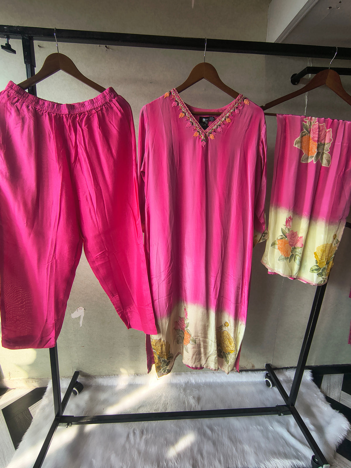 Premium Fuchsia Pink Floral Embroidered Kurta Set with Printed Dupatta