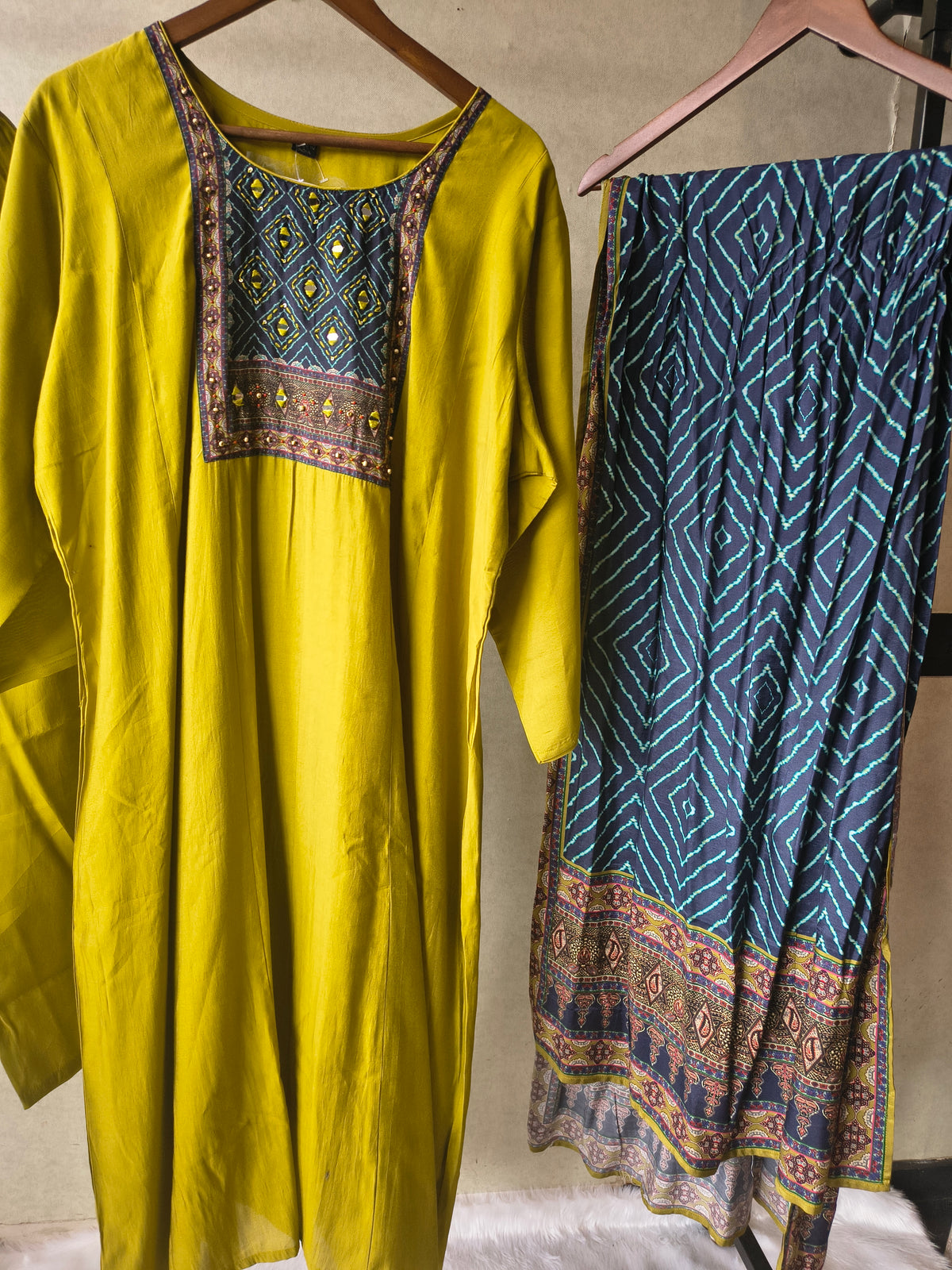 Premium Olive Green Straight Kurta Set with Designer Woven Yoke, Solid Pants & Geometric Printed Dupatta