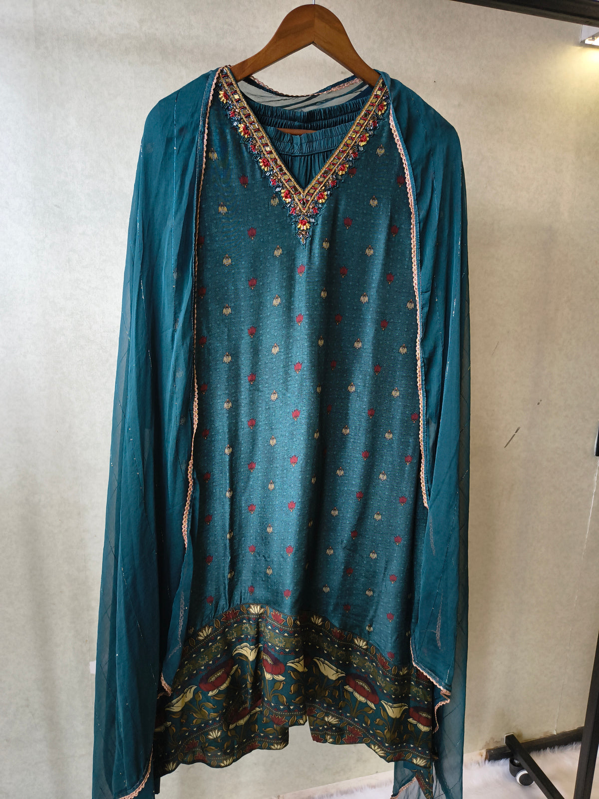 Premium Teal Printed Straight Kurta with Palazzo & Dupatta Set