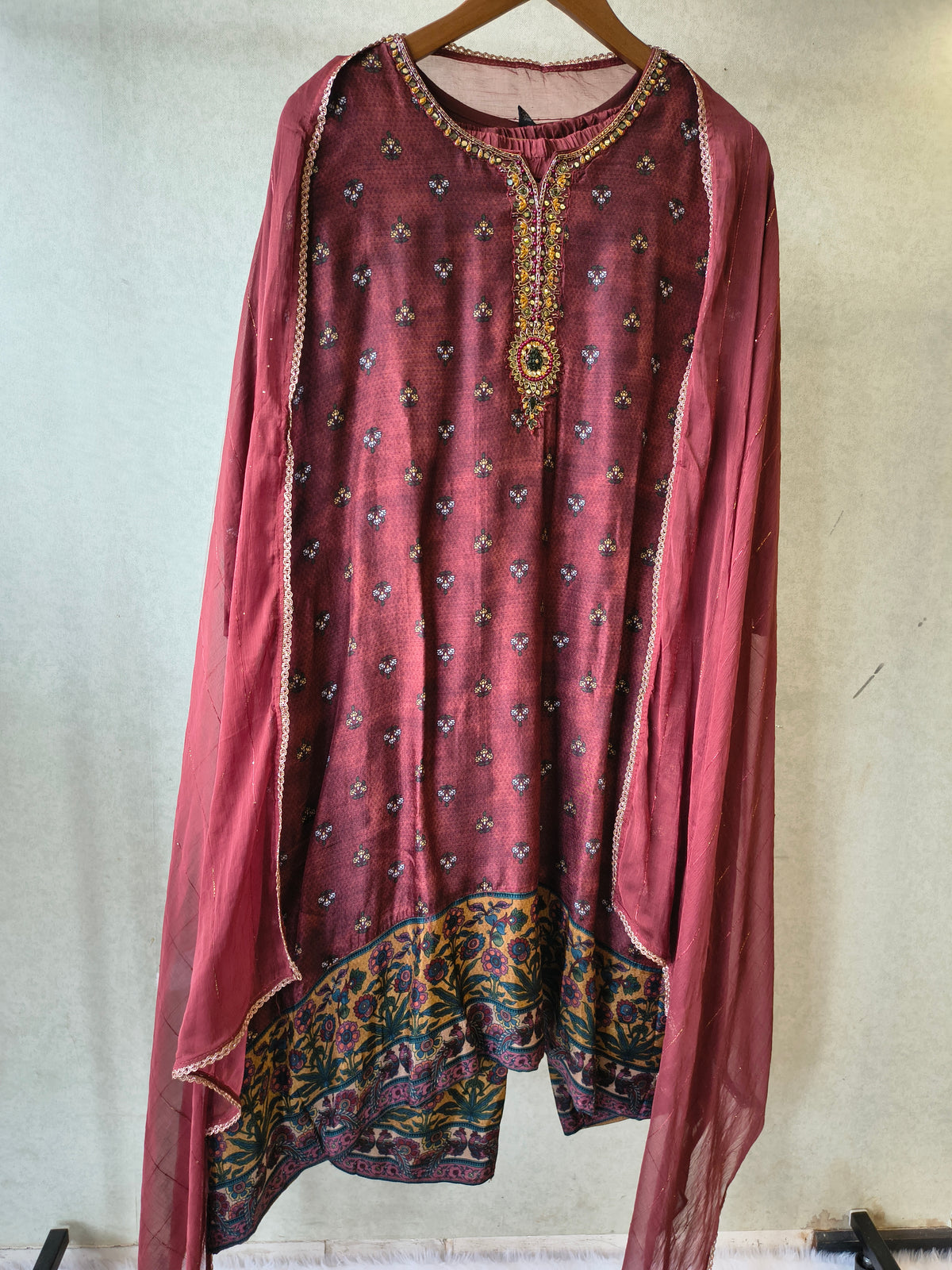 Premium Wine Floral Border Kurta with Straight Pants & Shimmer Dupatta Set