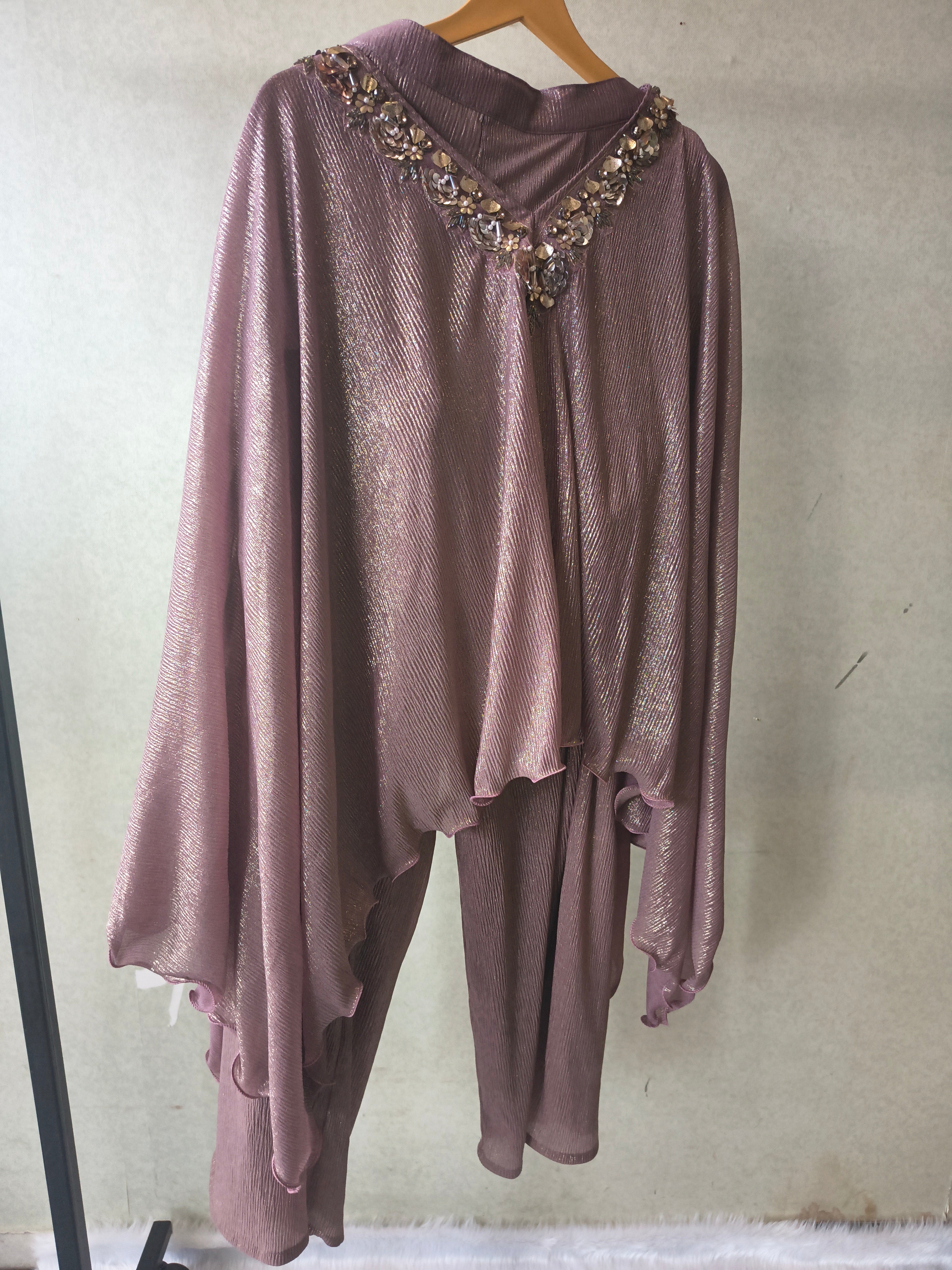 Image of Premium Rose Gold Shimmer Kaftan Co-Ord Set with Hand Embellished Cape & Straight Pants
