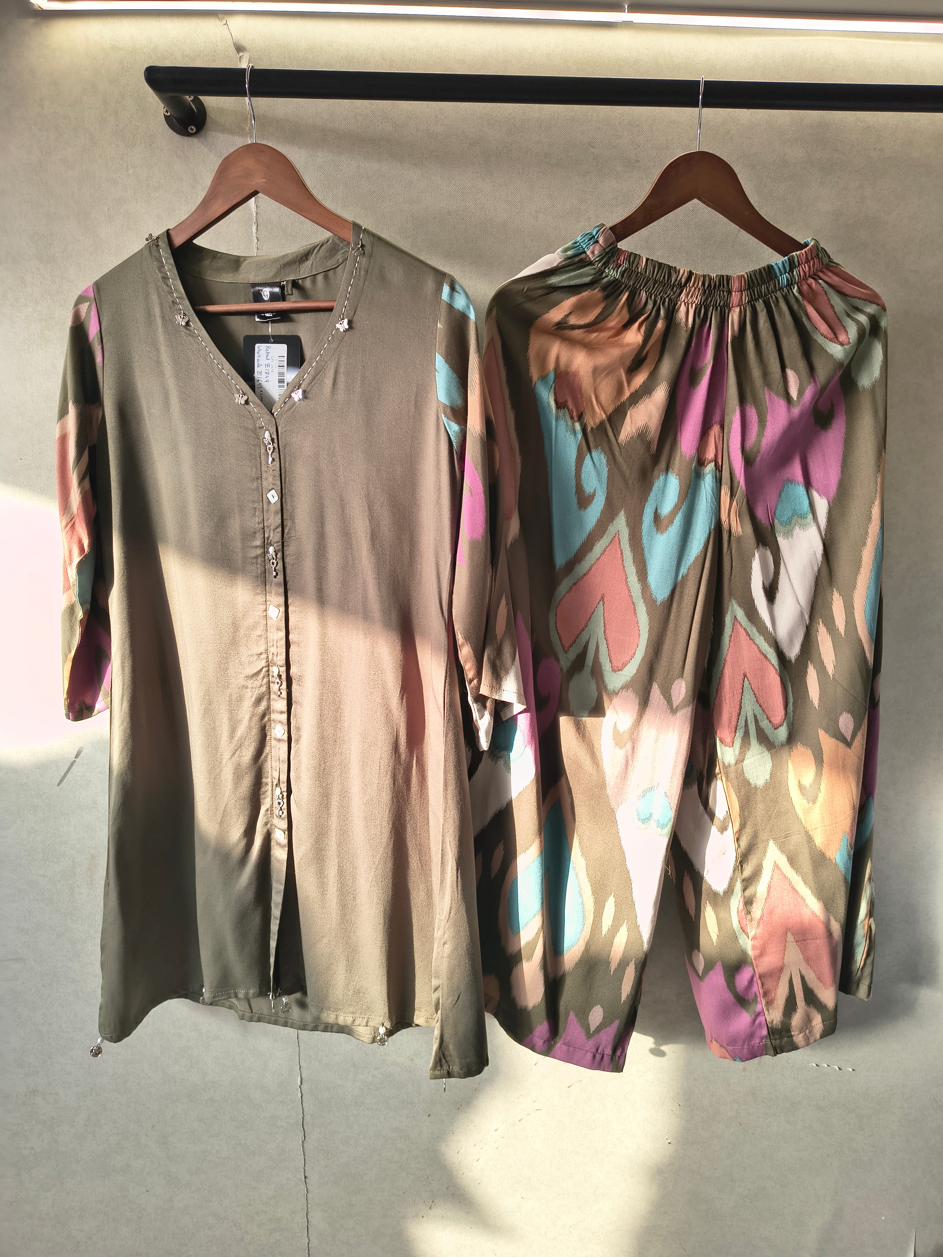 Image of Olive Green Designer Co-Ord Set with Abstract Printed Pants & Embellished Neckline