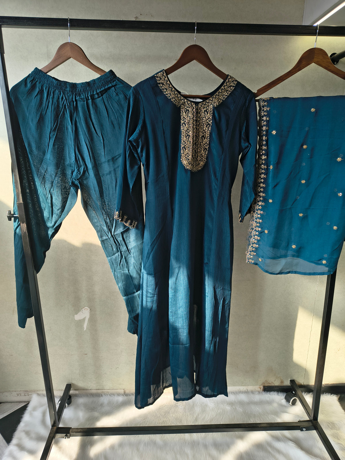 Premium Teal Blue Embroidered Straight Kurta with Salwar Pants & Embellished Dupatta Set