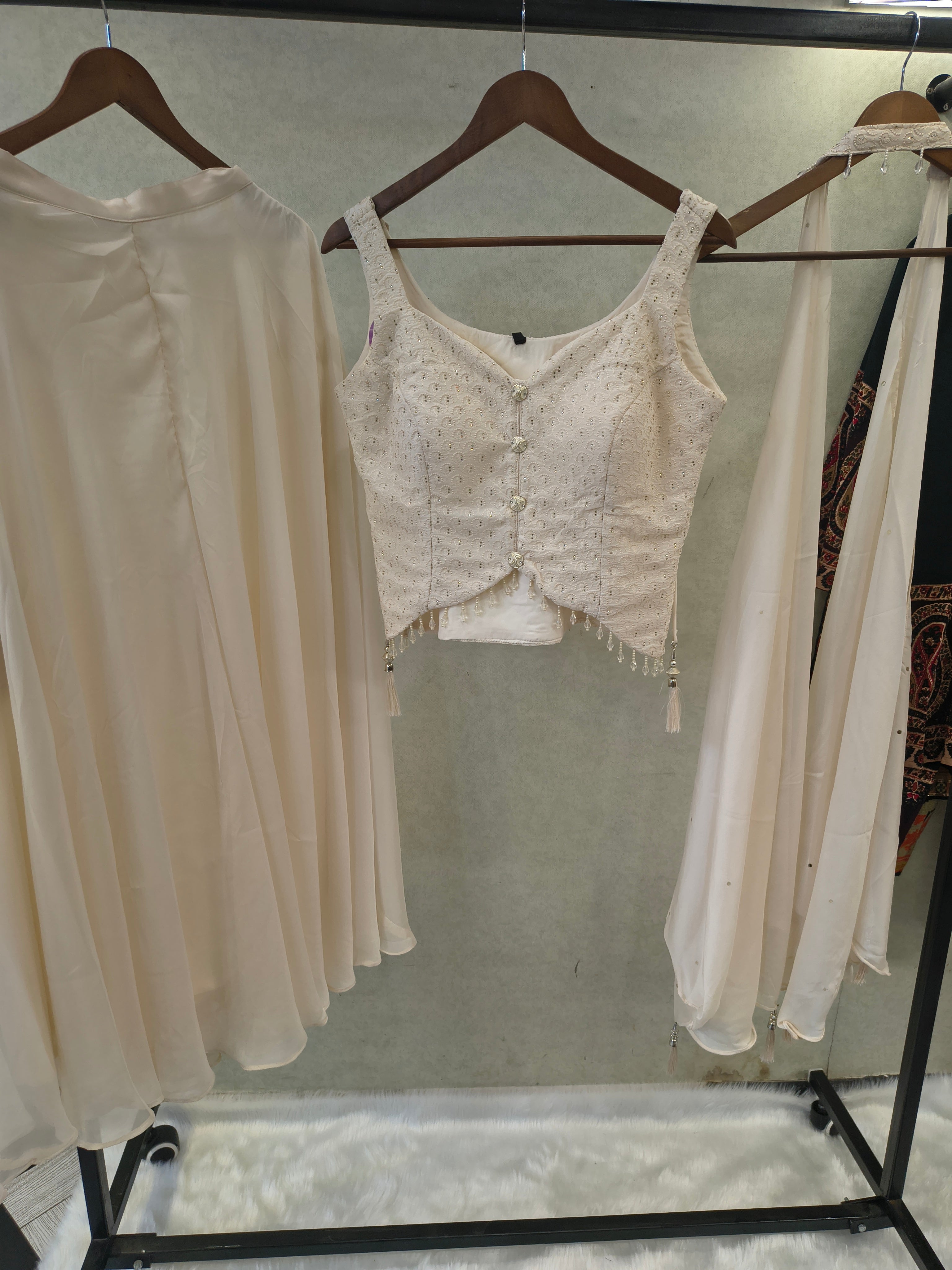Image of Ivory Embroidered Designer Blouse with Flared Palazzo & Choker Dupatta – 3 Piece Indo-Western Festive Set