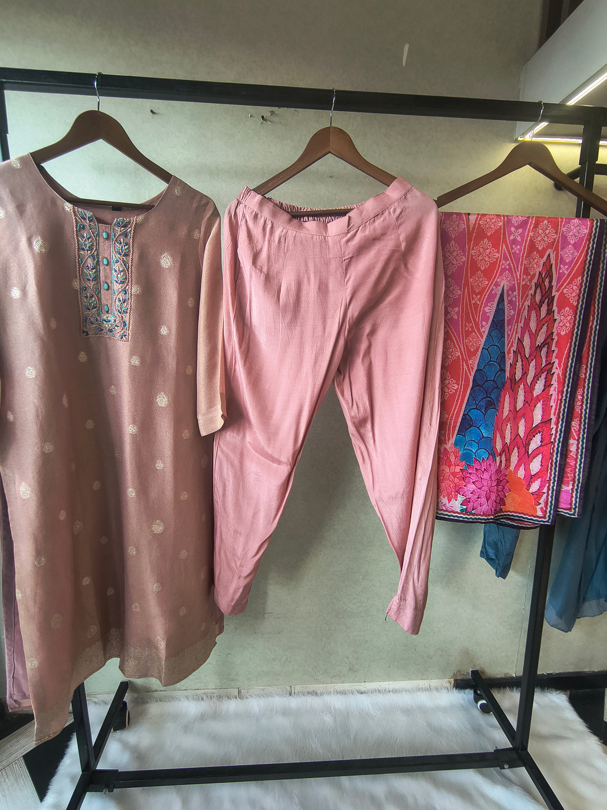 Premium Blush Pink Embroidered Straight Kurta with Cigarette Pants & Designer Printed Dupatta Set