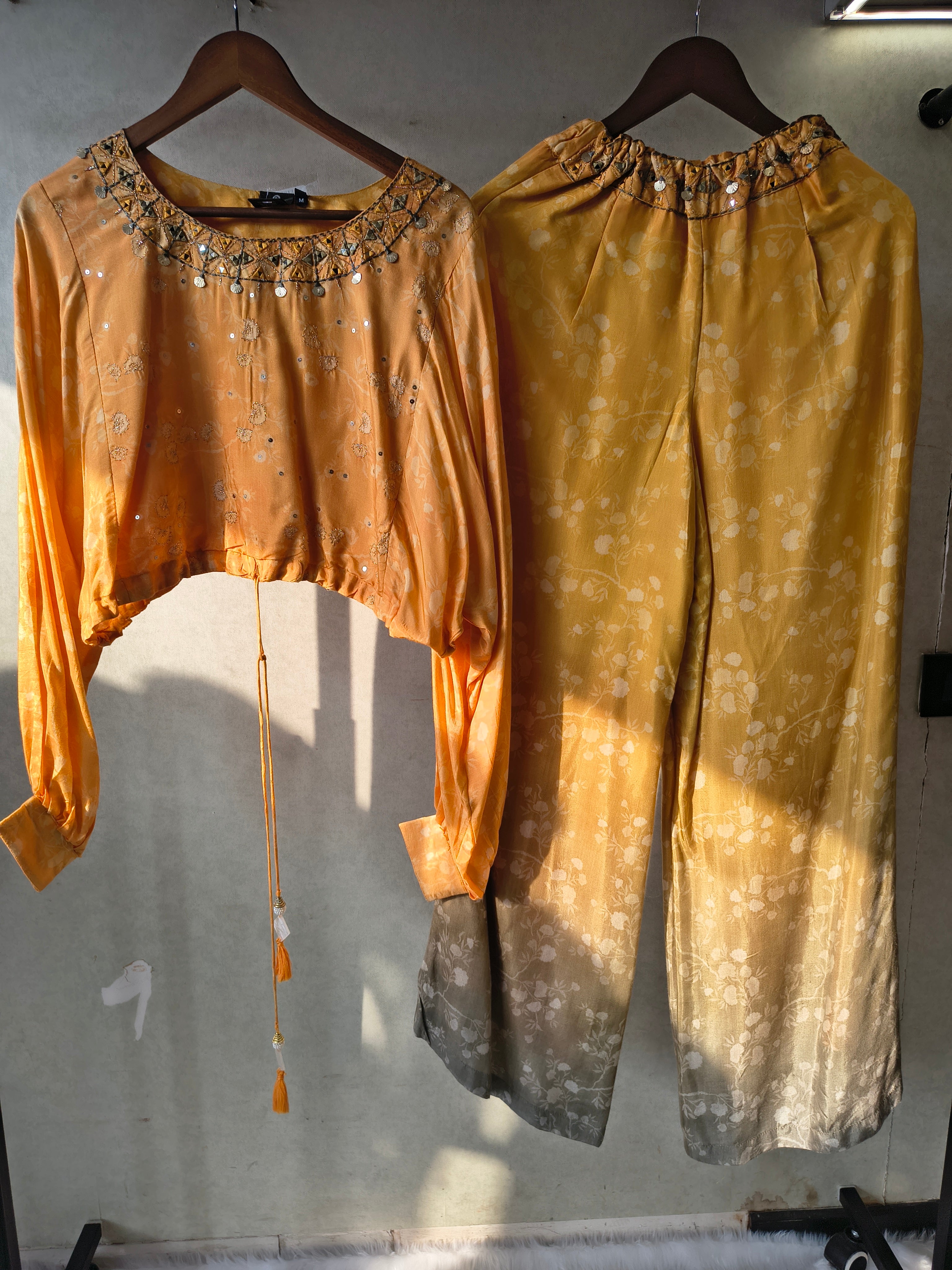 Image of Premium Sunset Ombre Embellished Crop Top & Wide-Leg Palazzo Co-Ord Set