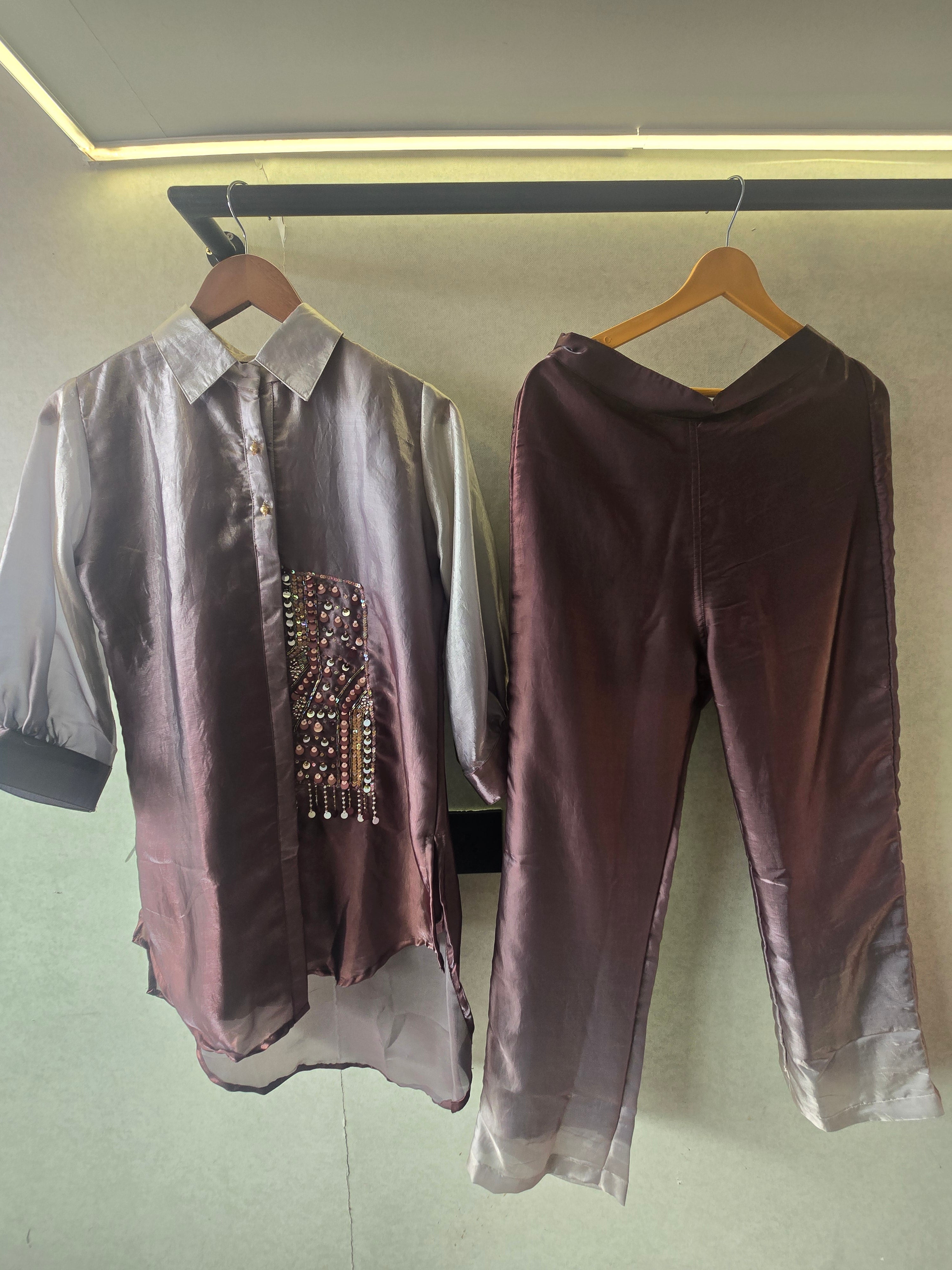 Image of Metallic Ombre Satin Embellished Co-Ord Set