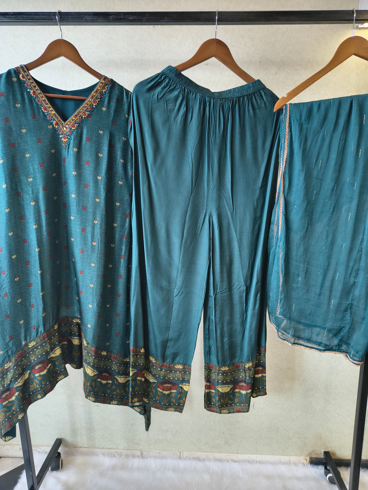 Premium Teal Printed Straight Kurta with Palazzo & Dupatta Set
