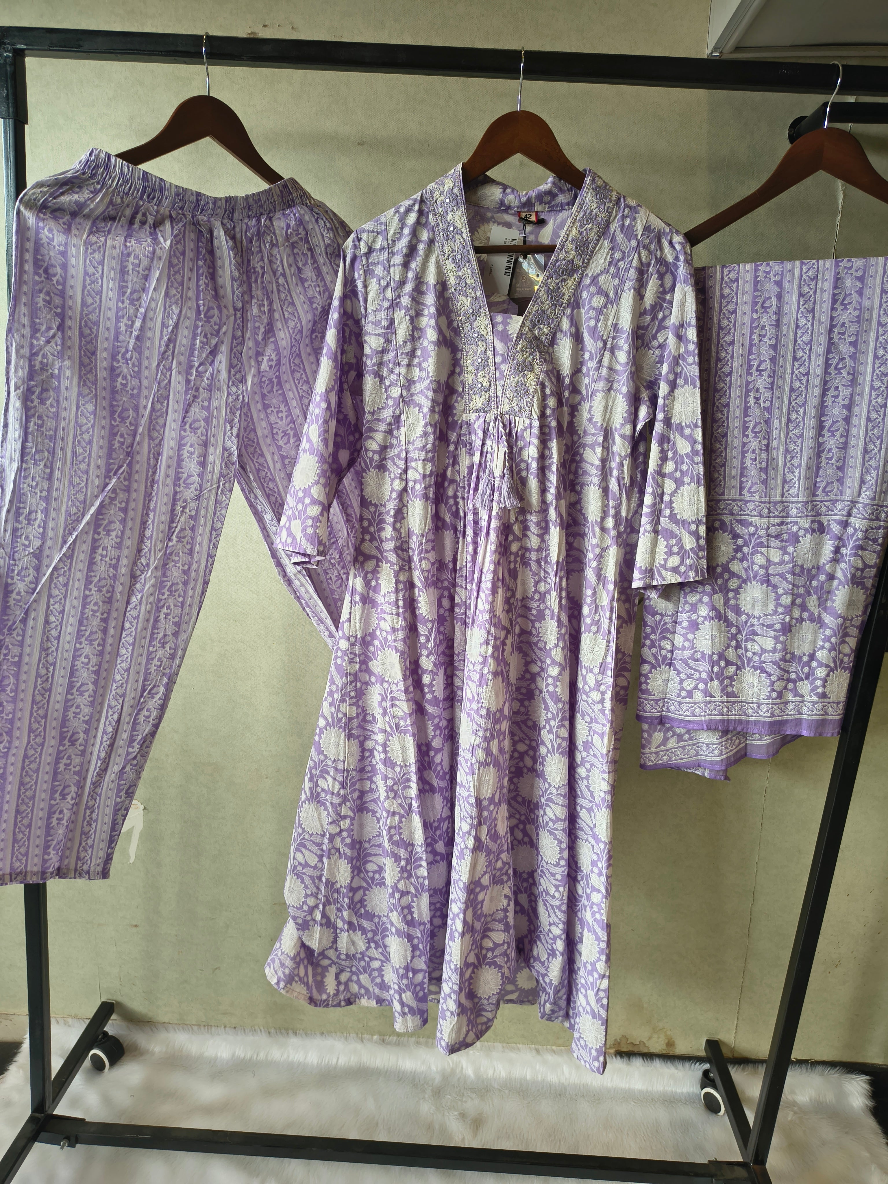 Image of Premium Lavender Floral Printed Cotton Anarkali Kurta Set with Striped Pants & Printed Dupatta