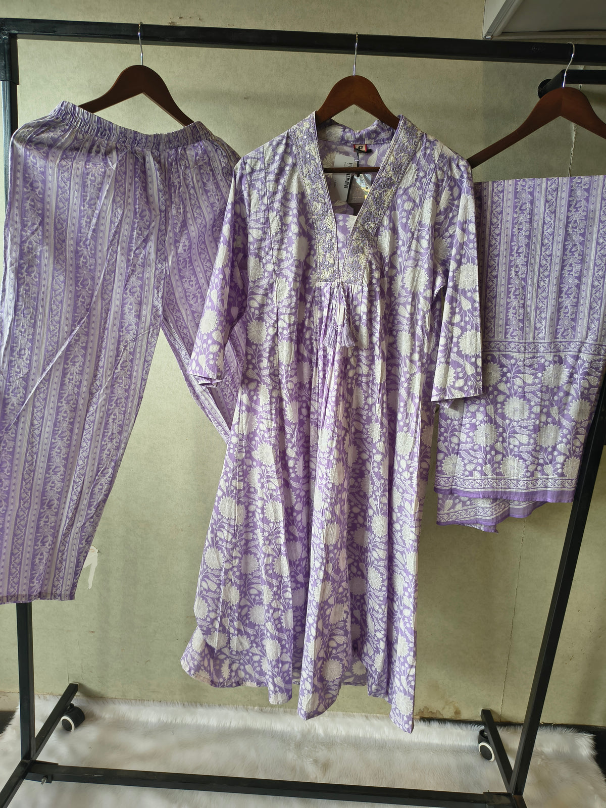 Premium Lavender Floral Printed Cotton Anarkali Kurta Set with Striped Pants & Printed Dupatta