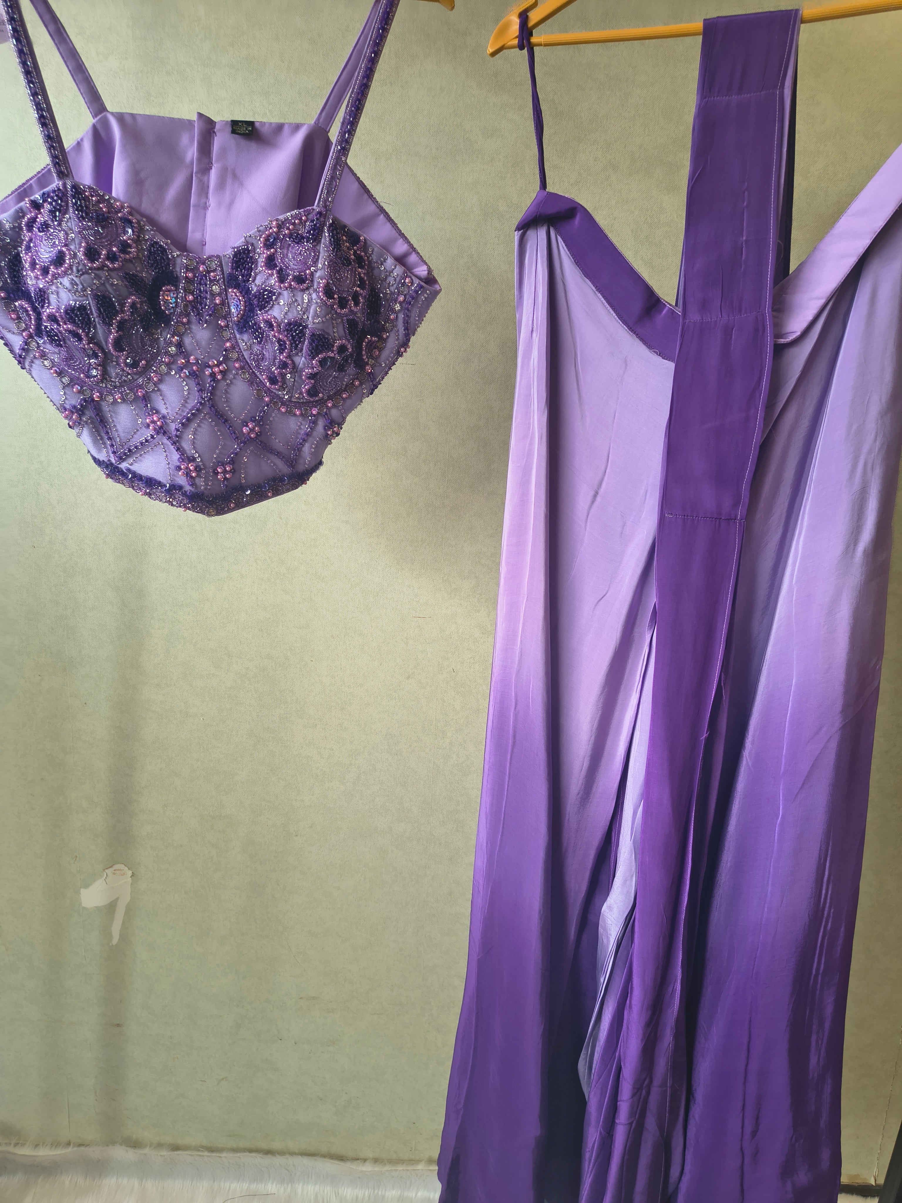 Image of Lavender Embellished Corset Blouse with Drape Palazzo – Designer Indo-Western Party Wear Co-Ord Set