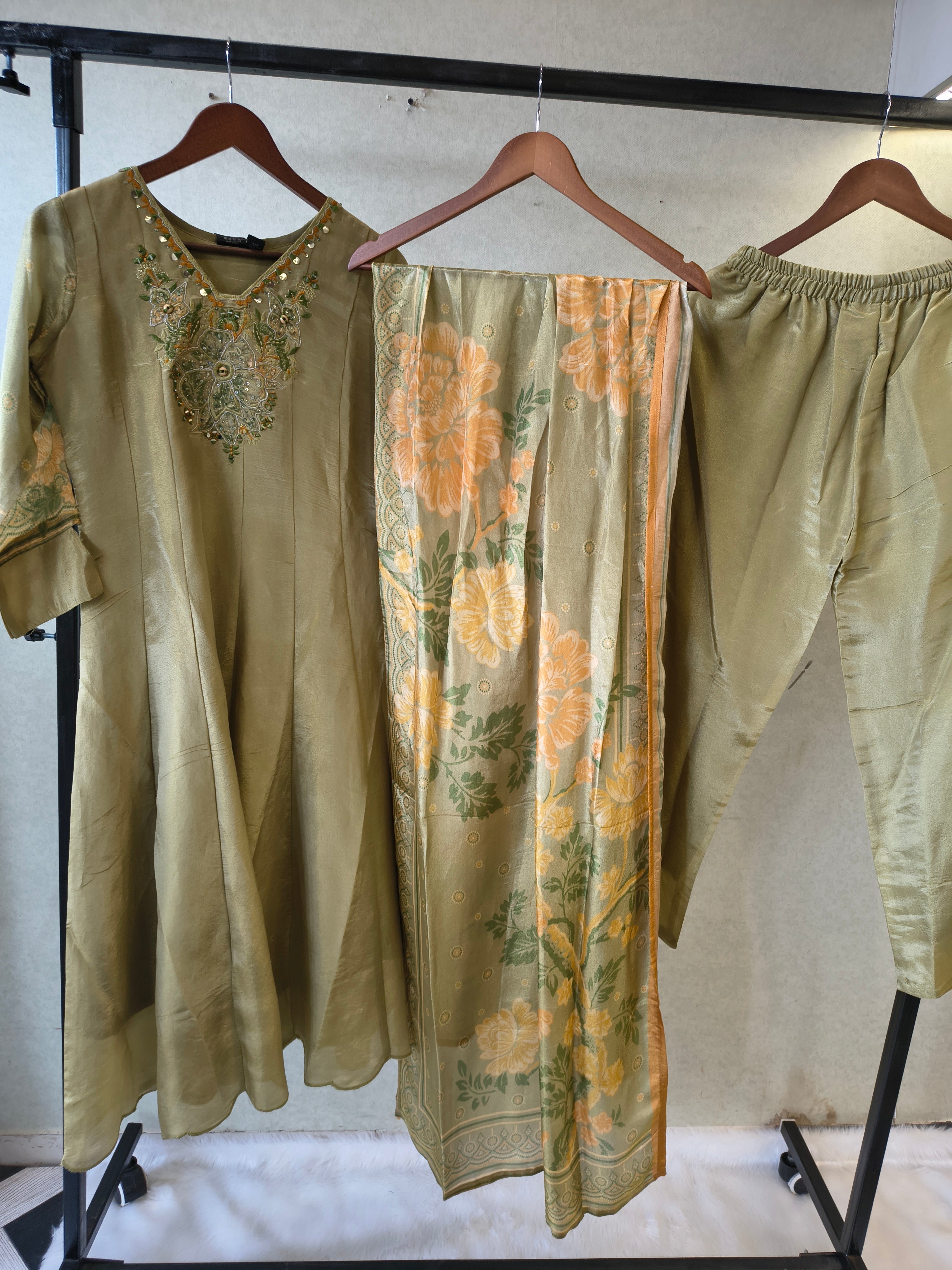 Image of Sage Olive Embroidered Designer Kurta Set with Floral Printed Dupatta | Premium 3 Piece Ethnic Suit