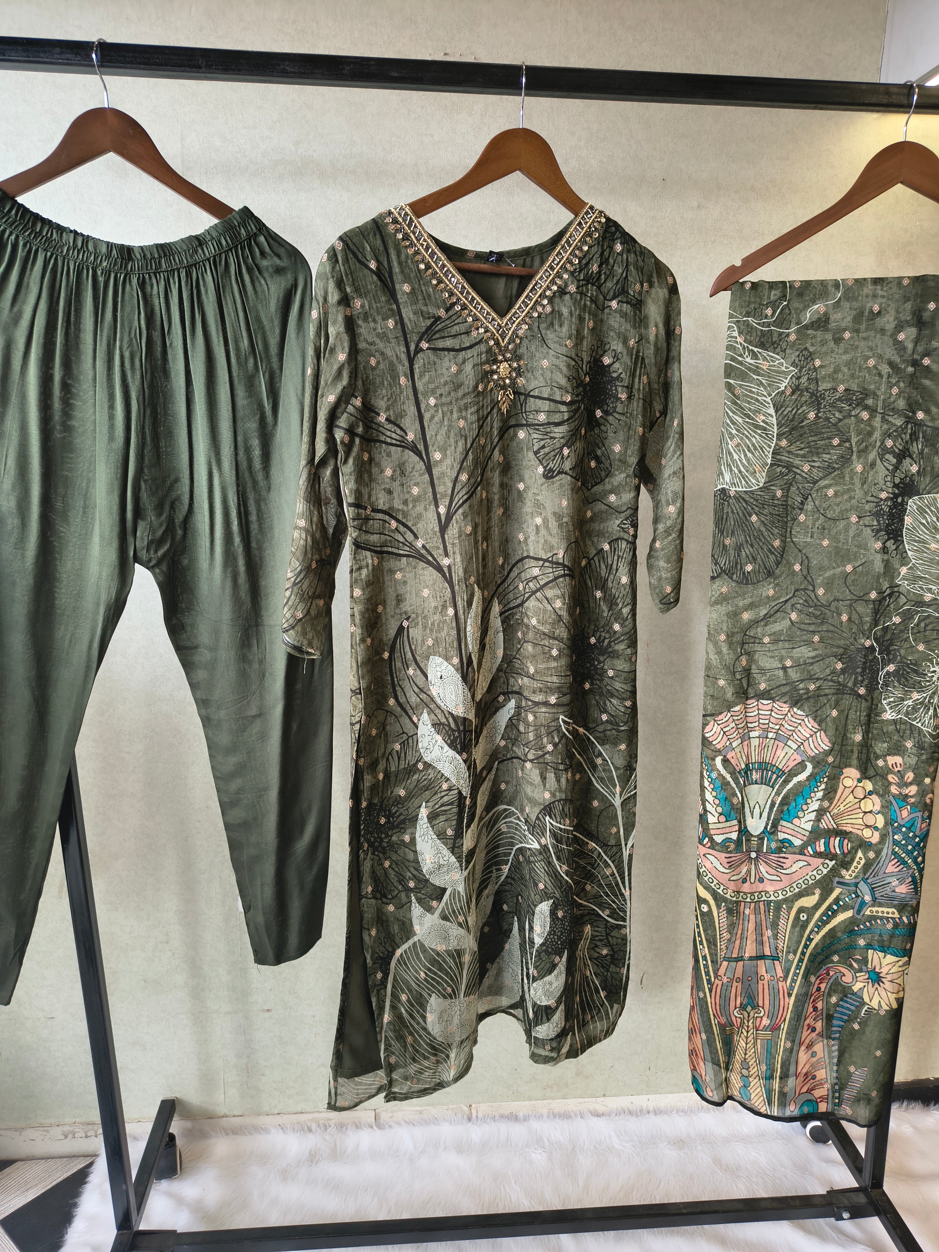 Image of Premium Olive Botanical Print Straight Kurta with Cigarette Pants & Dupatta Set
