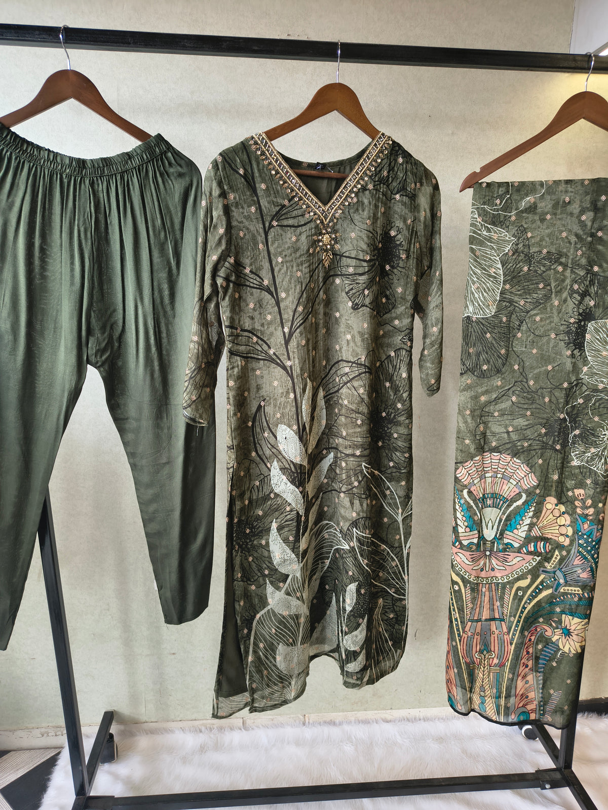 Premium Olive Botanical Print Straight Kurta with Cigarette Pants & Dupatta Set