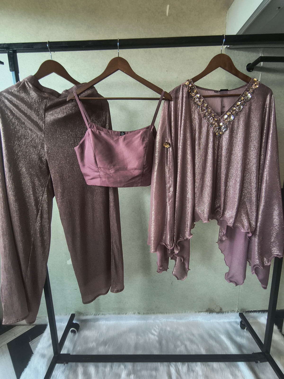 Premium Rose Gold Shimmer Kaftan Co-Ord Set with Hand Embellished Cape & Straight Pants