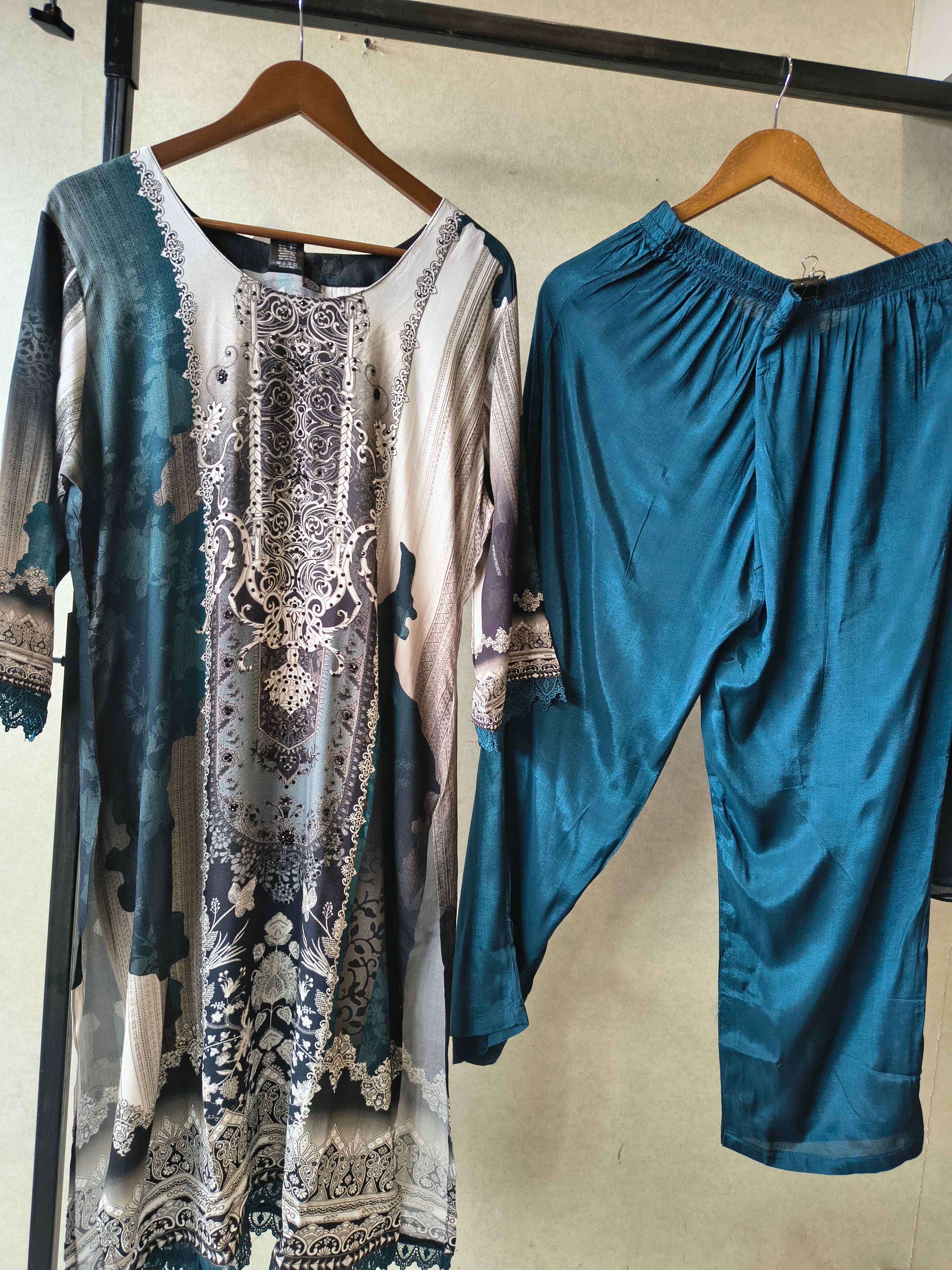Image of Premium Teal Blue Digital Printed Kurta Set with Solid Pants & Chiffon Dupatta