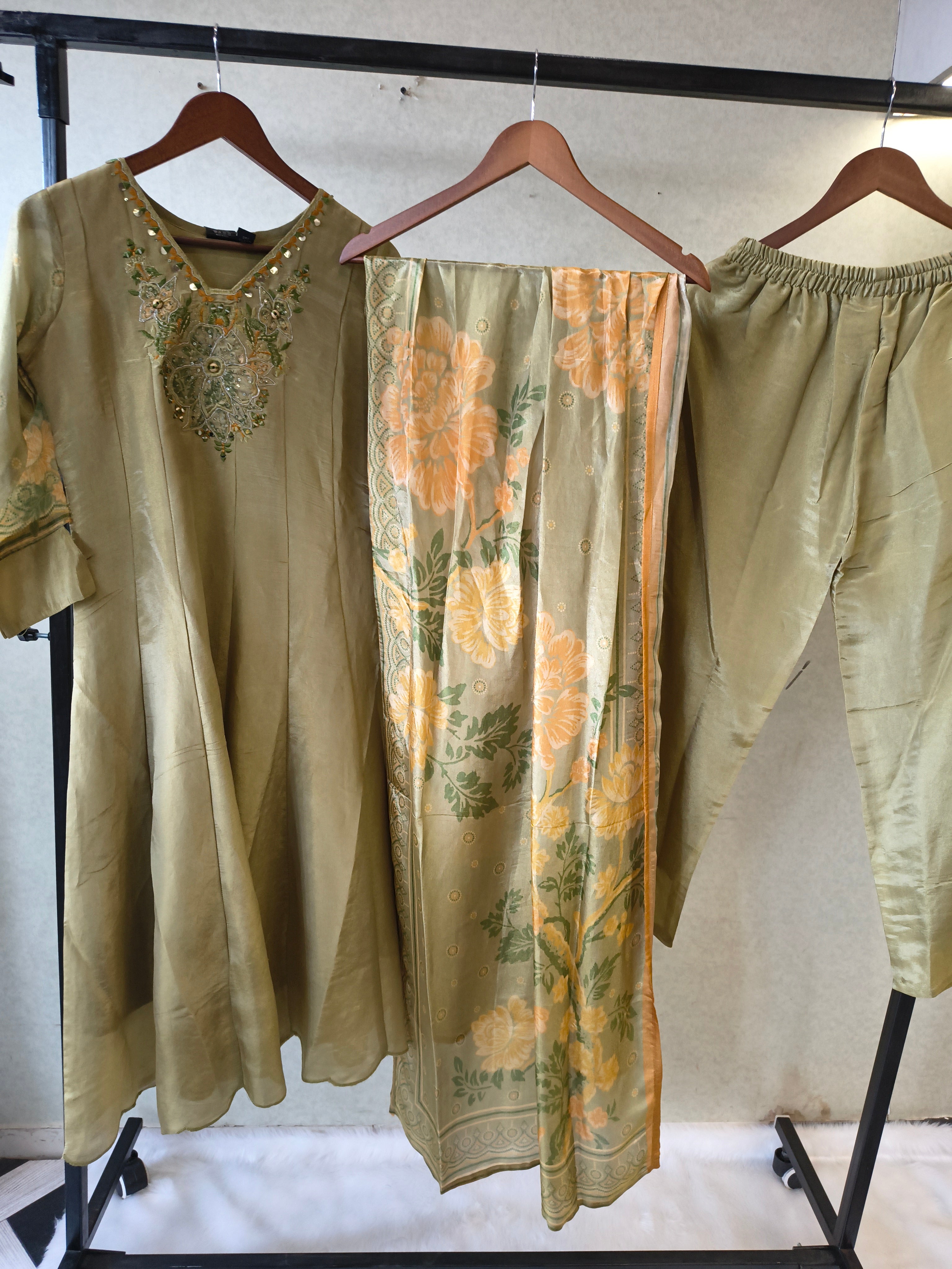 Image of Sage Olive Embroidered Designer Kurta Set with Floral Printed Dupatta | Premium 3 Piece Ethnic Suit
