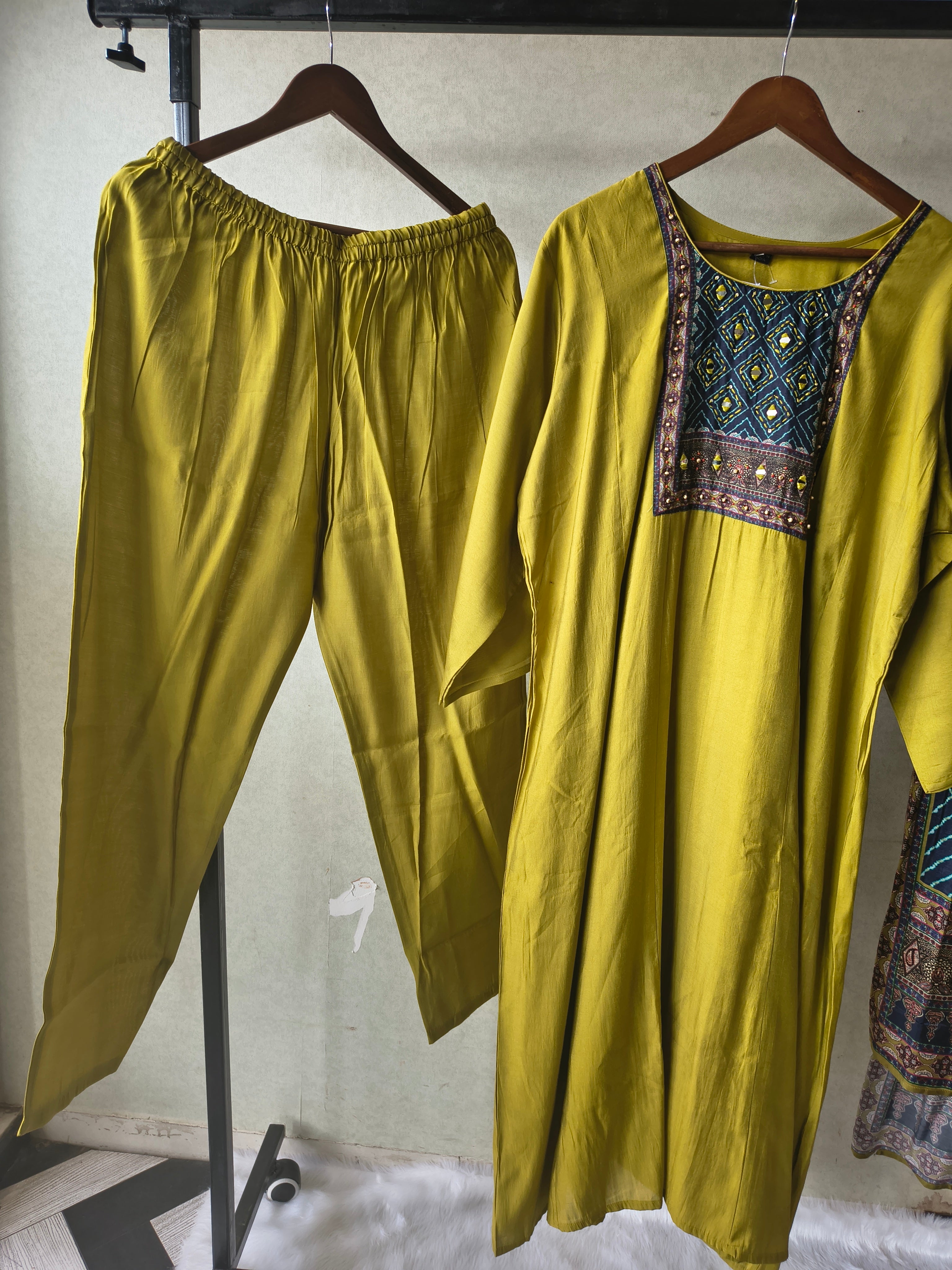 Image of Premium Olive Green Straight Kurta Set with Designer Woven Yoke, Solid Pants & Geometric Printed Dupatta