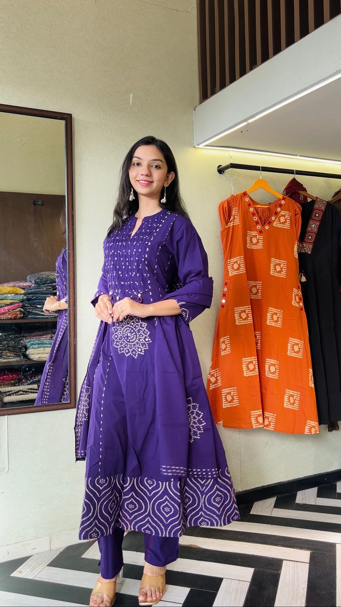 Image of Pure Mull Cotton Bandhani 3 Piece Anarkali Set