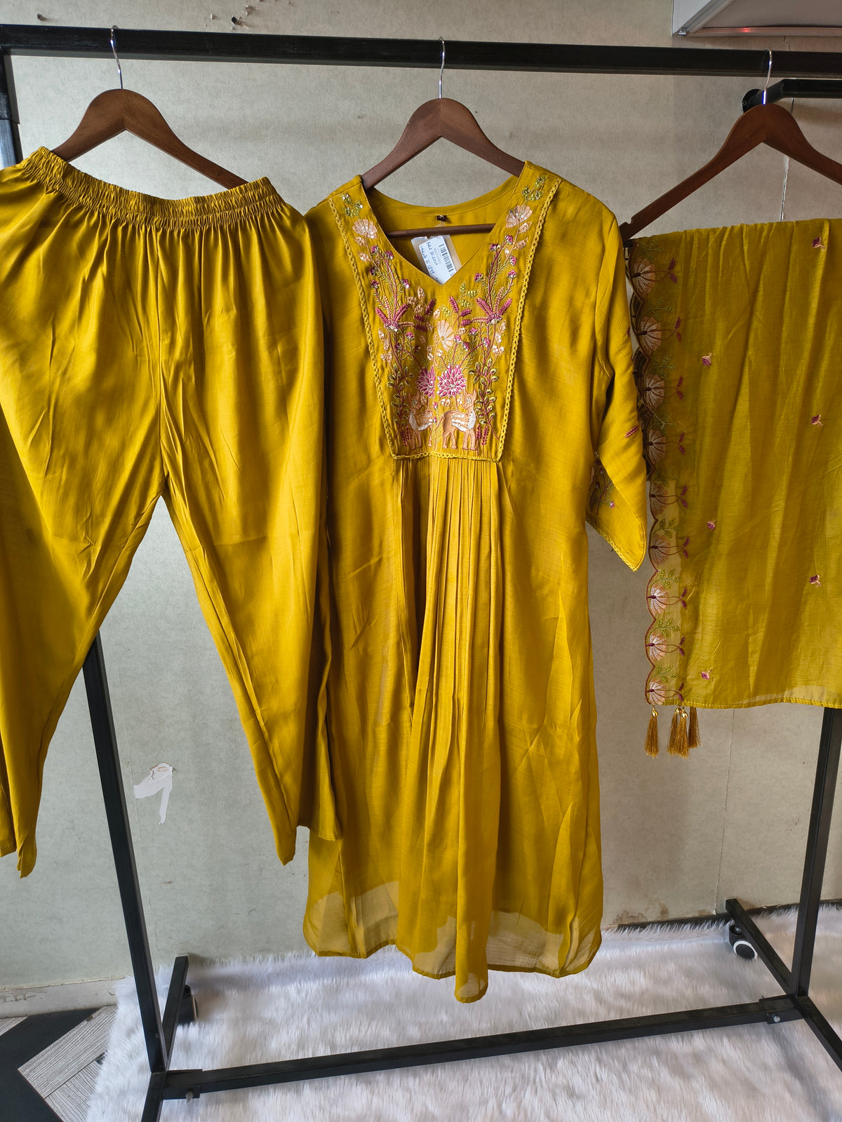 Mustard Yellow Cotton Blend 3-Piece Suit Set with Floral Embroidered Yoke & Tassel Dupatta