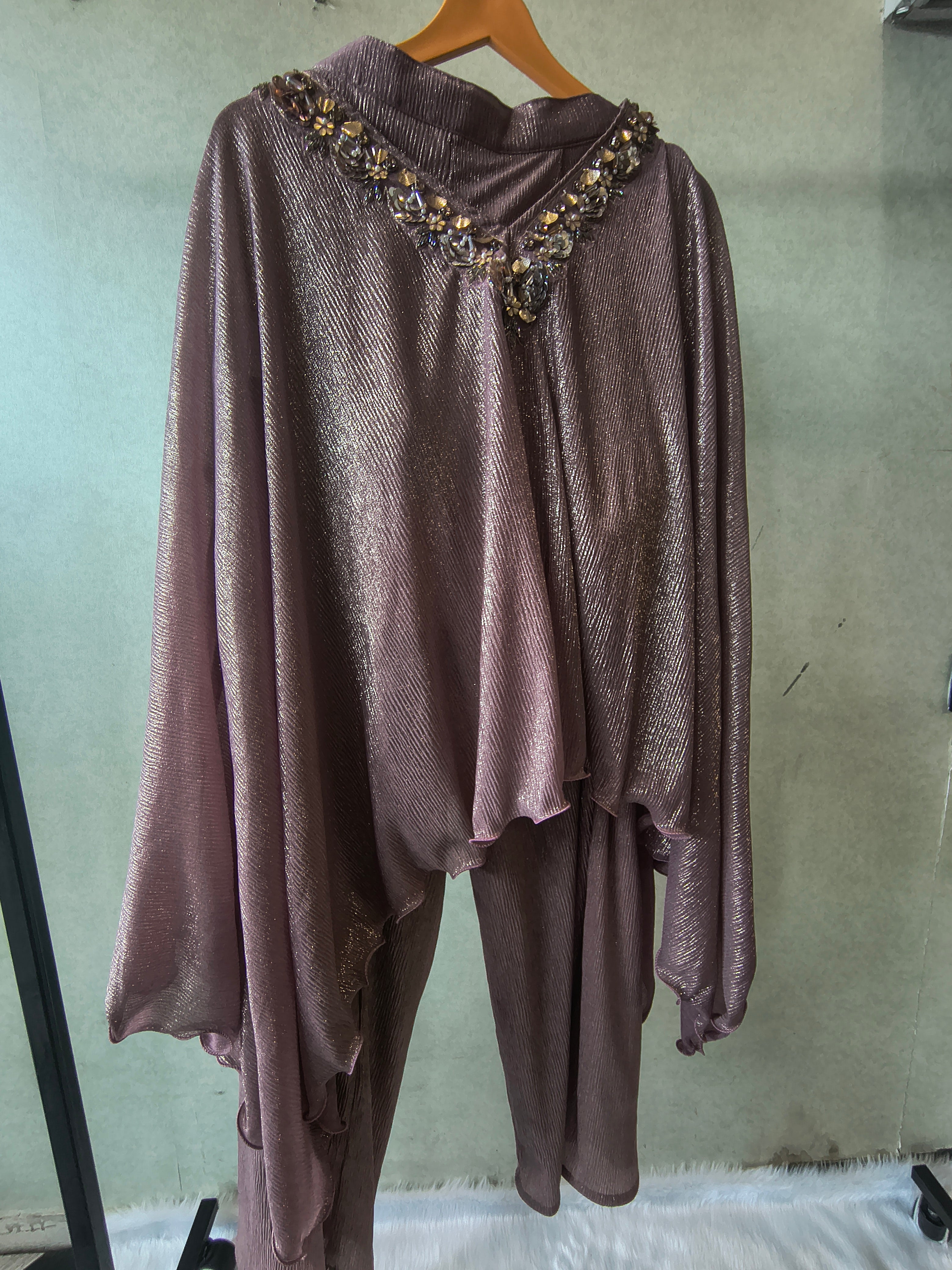 Image of Premium Rose Gold Shimmer Kaftan Co-Ord Set with Hand Embellished Cape & Straight Pants