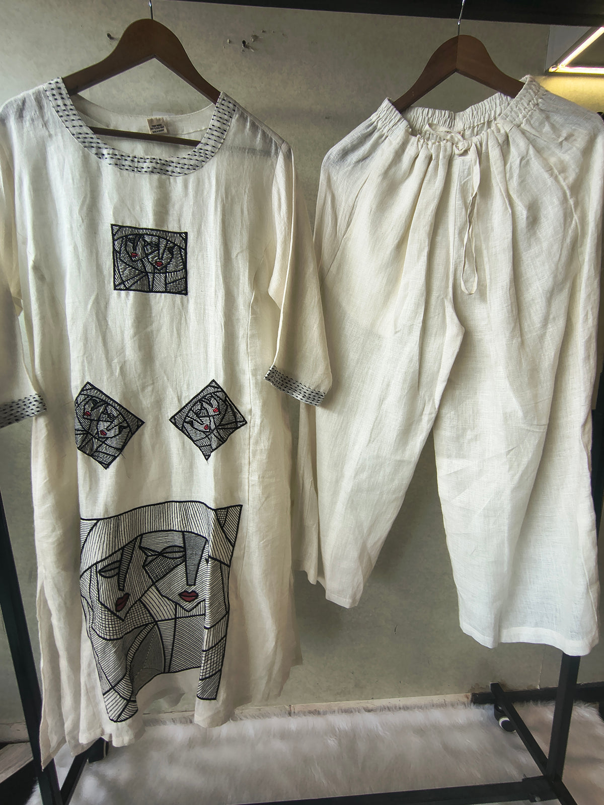 Premium Off-White Artistic Abstract Embroidered Cotton Kurta with Straight Pants Set