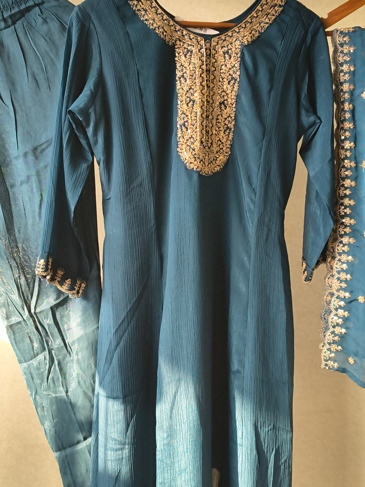 Premium Teal Blue Embroidered Straight Kurta with Salwar Pants & Embellished Dupatta Set