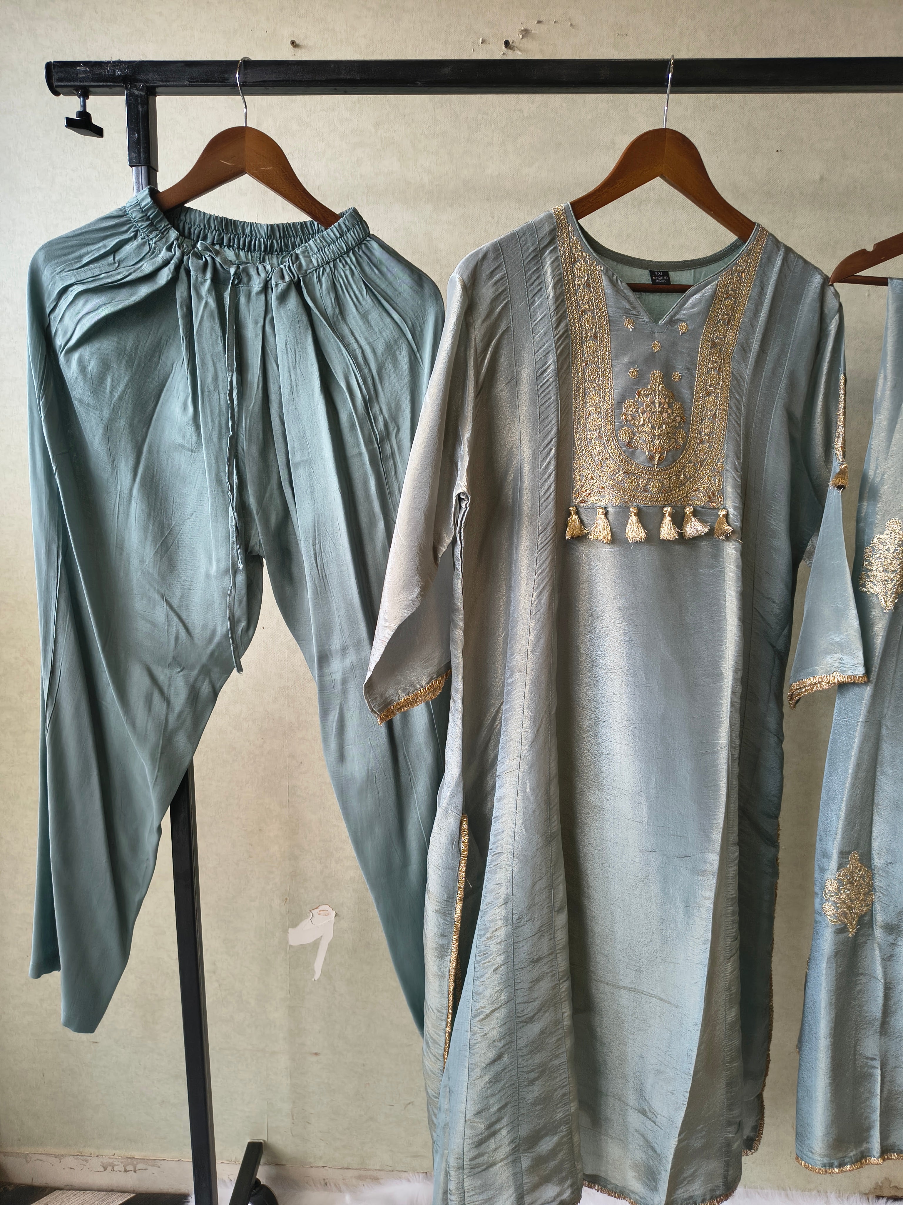 Image of Premium Sage Blue Embroidered A-Line Kurta Set with Dupatta
