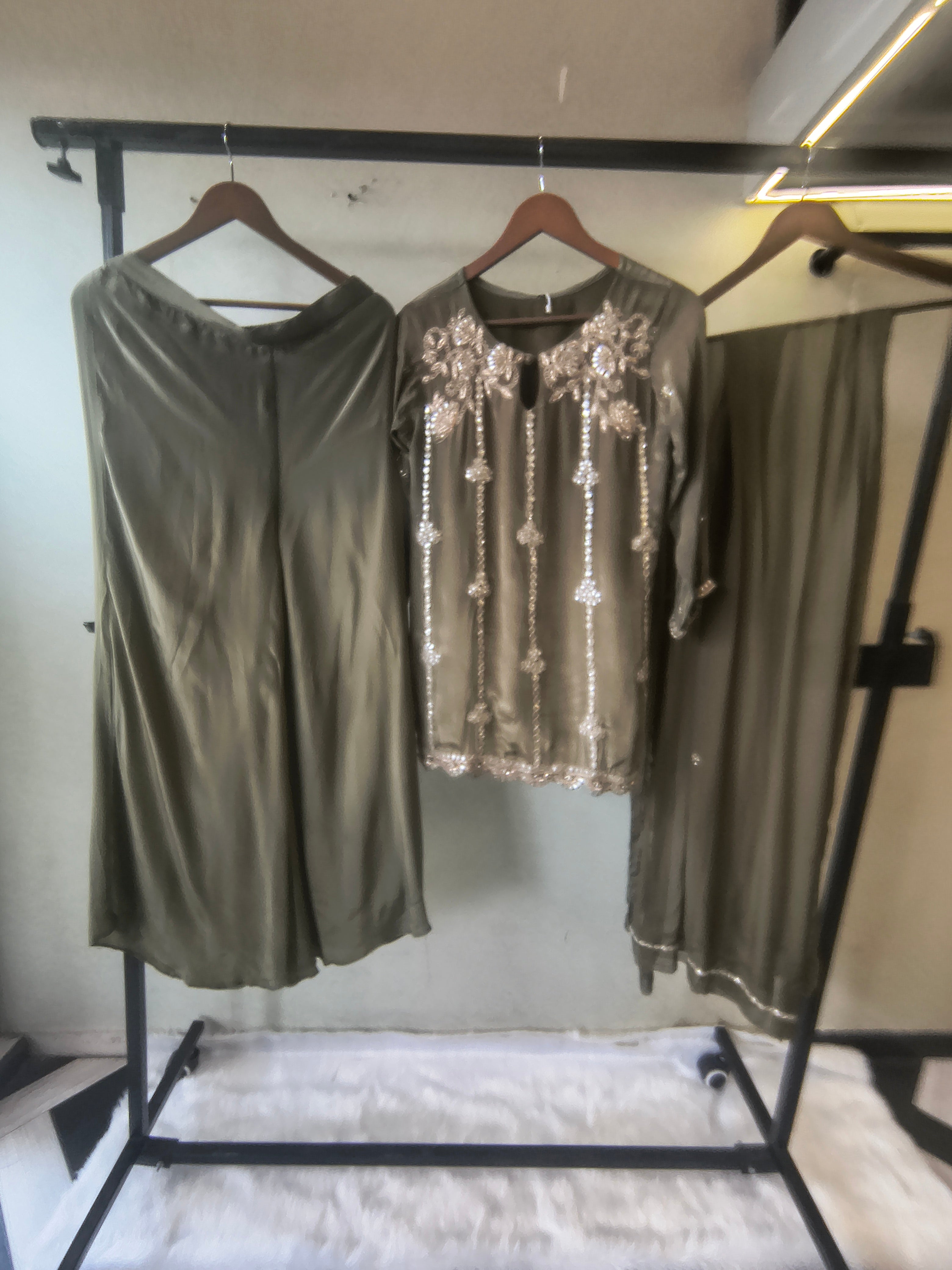 Image of Olive Green Pearl & Mirror Embroidered Kurta Set with Flared Palazzo & Organza Dupatta – Designer 3 Piece Festive Ensemble