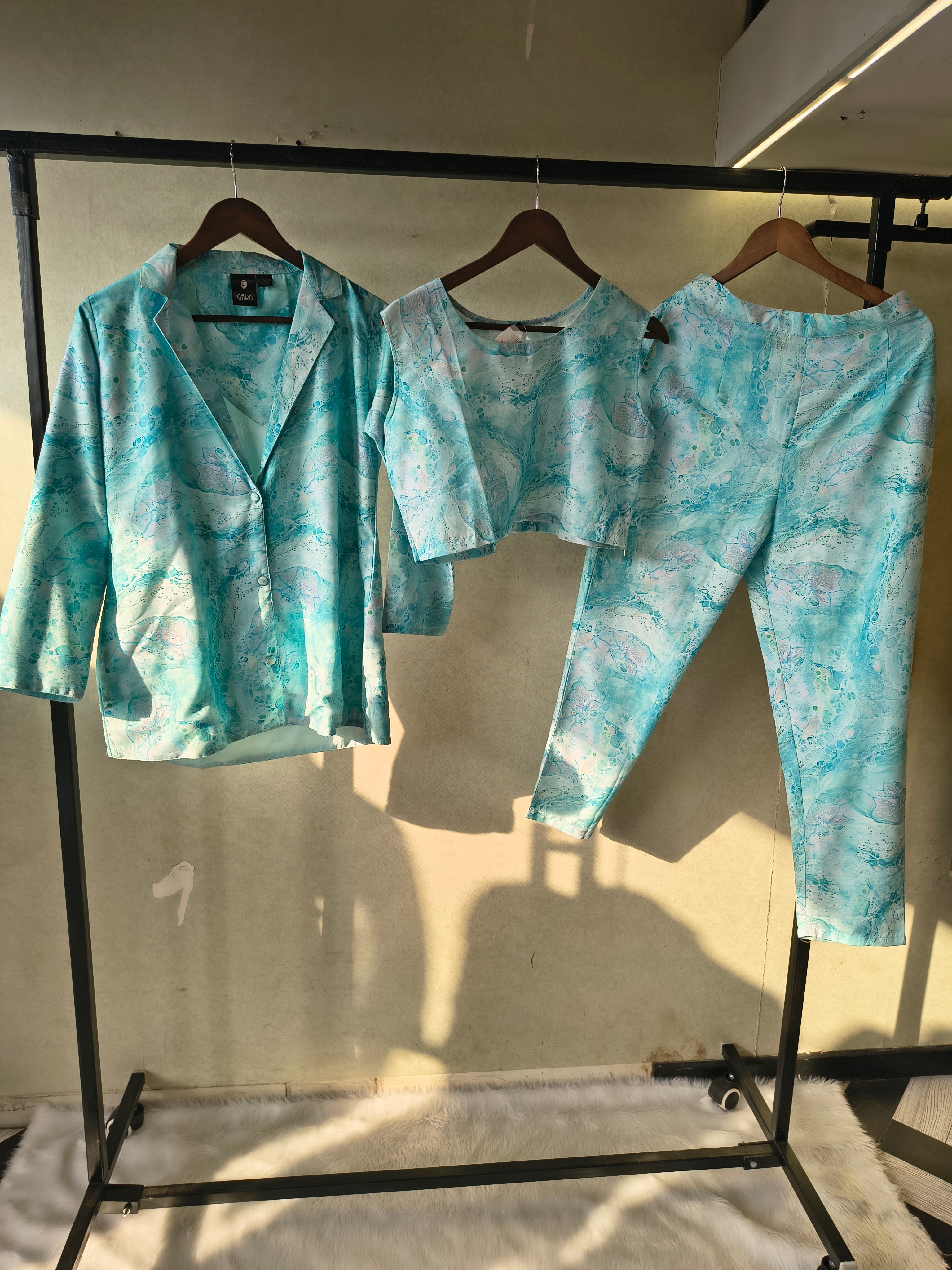 Image of Premium Aqua Marble Print Blazer, Crop Top & Straight Pants Co-Ord Set
