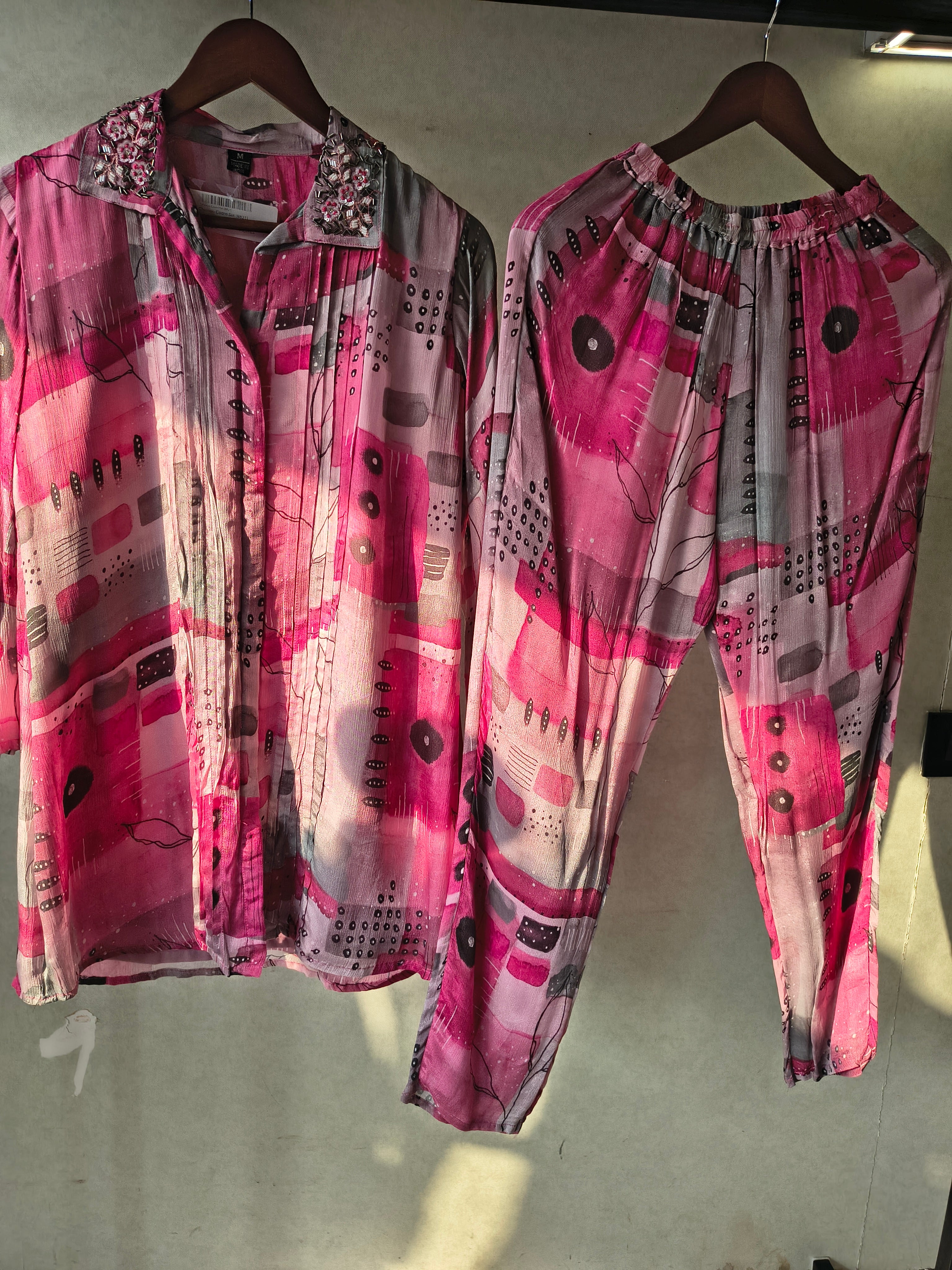 Image of Premium Embellished Abstract Printed Oversized Shirt Co-Ord Set with Tapered Pants
