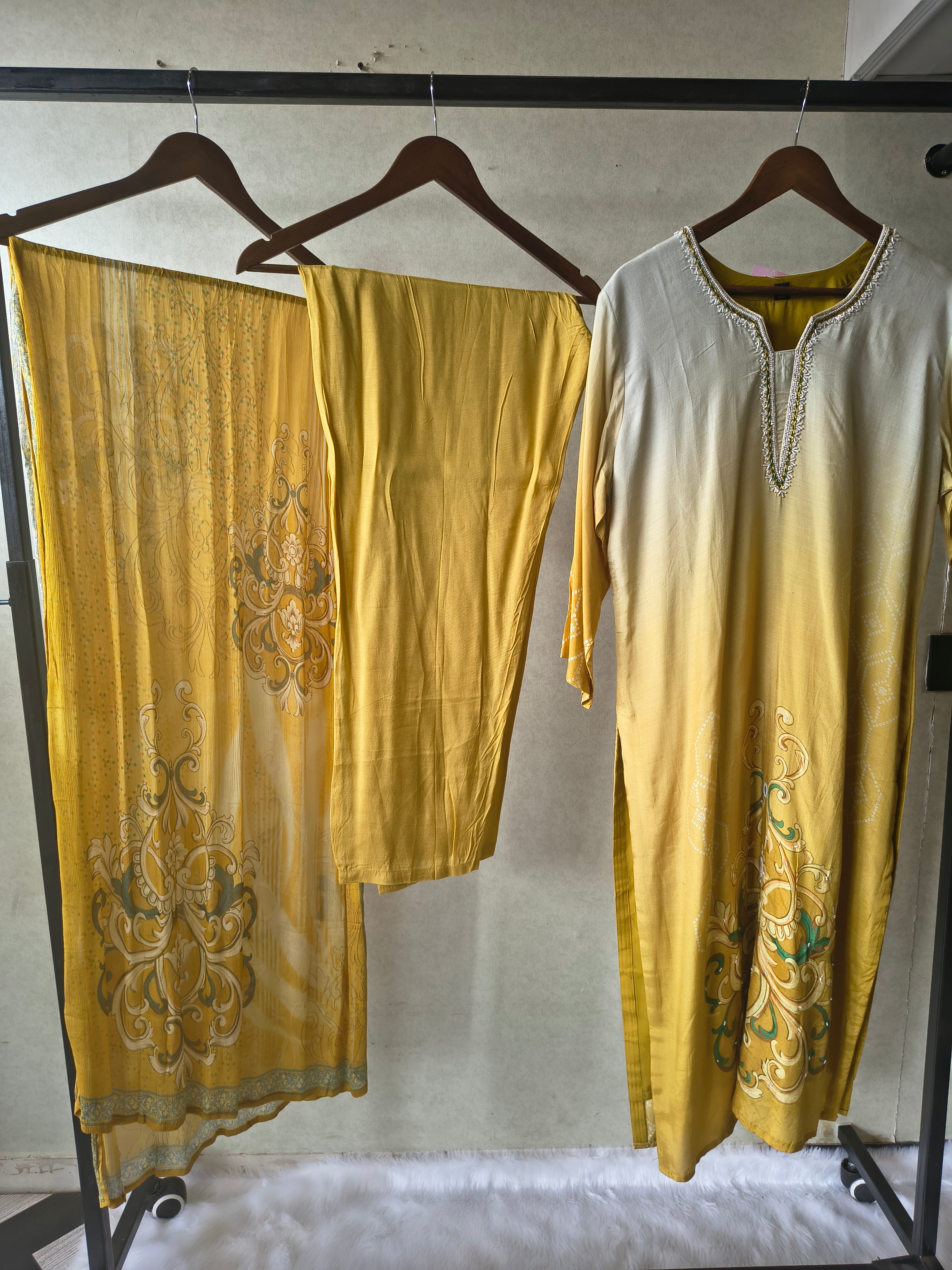 Image of Premium Mustard Yellow Ornamental Print Straight Kurta Set with Designer Dupatta & Straight Pants