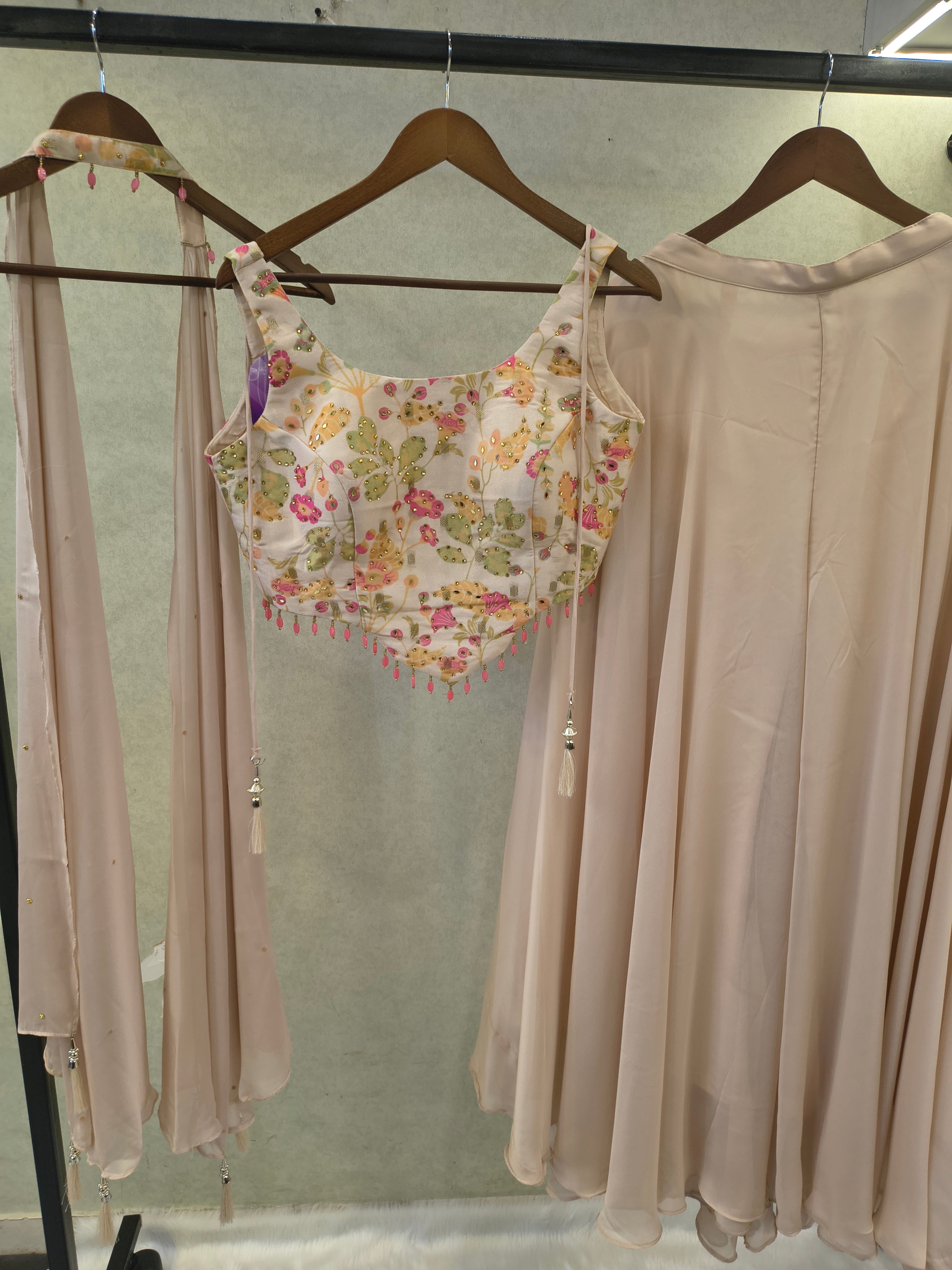 Image of Blush Pink Floral Embroidered Blouse with Flared Palazzo & Choker Dupatta – 3 Piece Designer Indo-Western Set