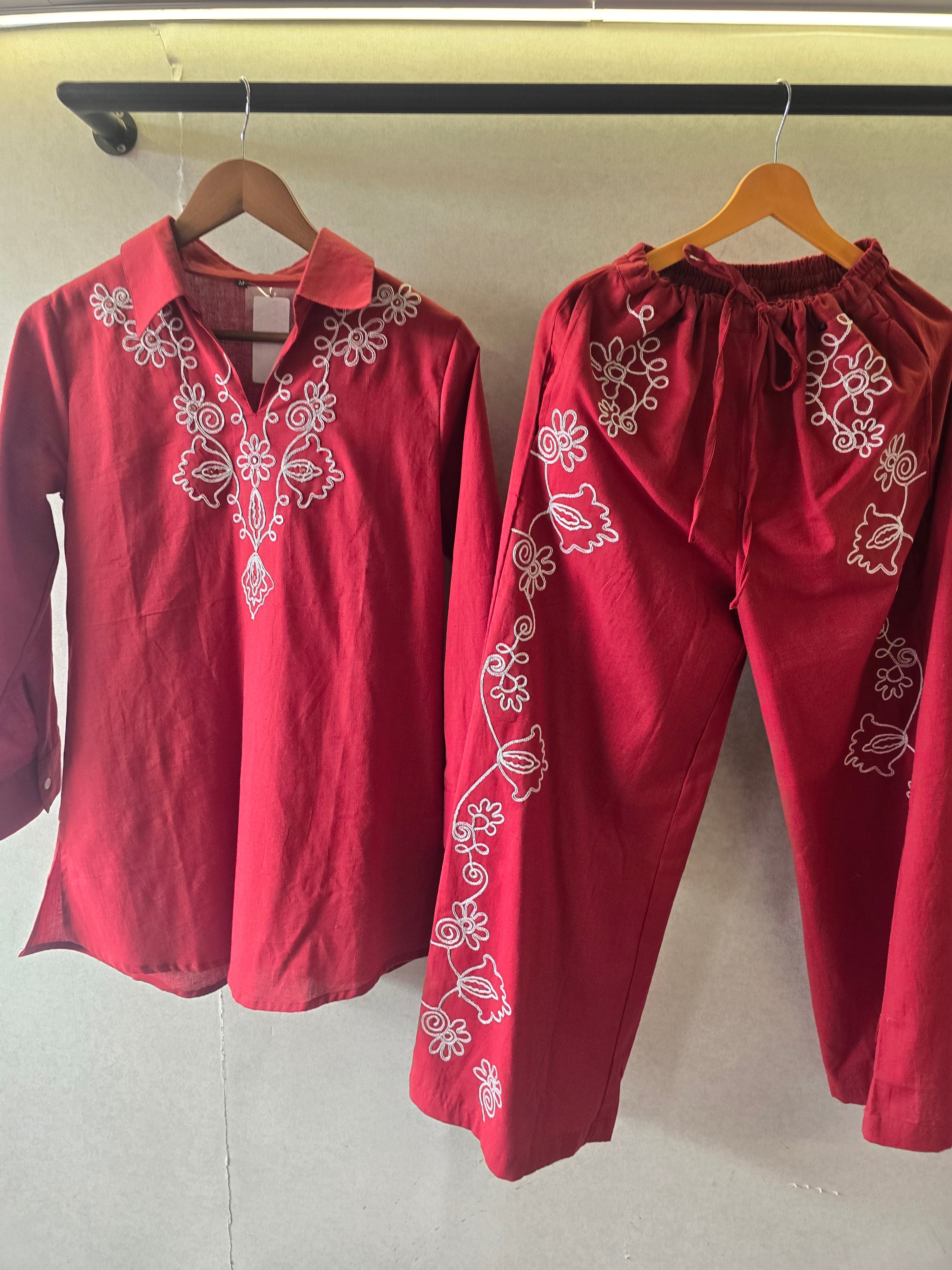 Image of Ruby Red Embroidered Co-Ord Set