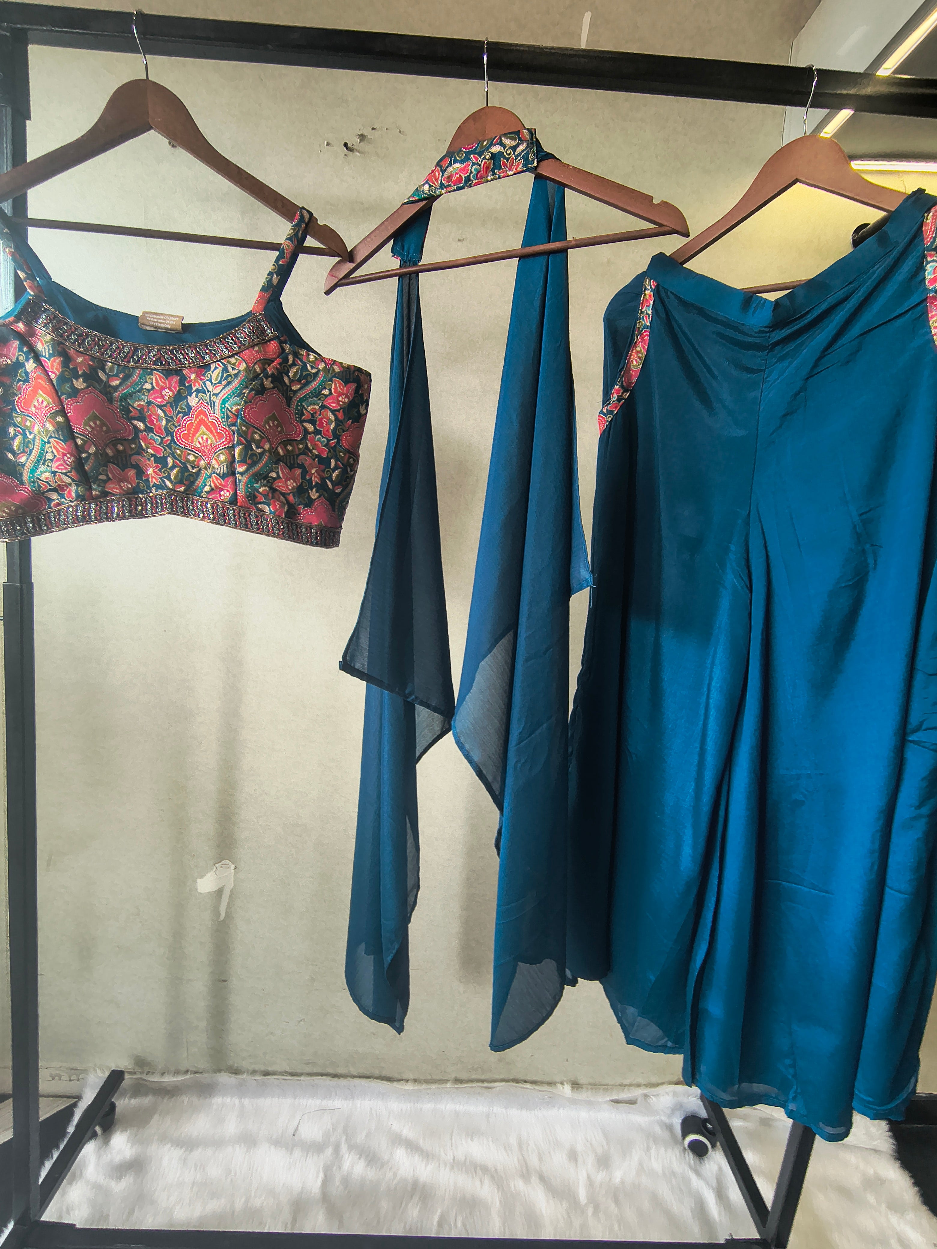 Image of Teal Printed Designer Blouse with Drape Palazzo & Cape – 3 Piece Indo-Western Fusion Party Wear Set