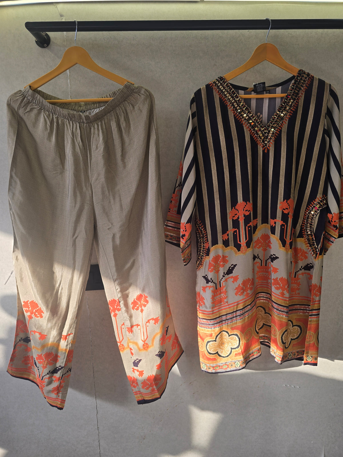 Navy Stripe Mirror Work Kaftan Co-Ord Set