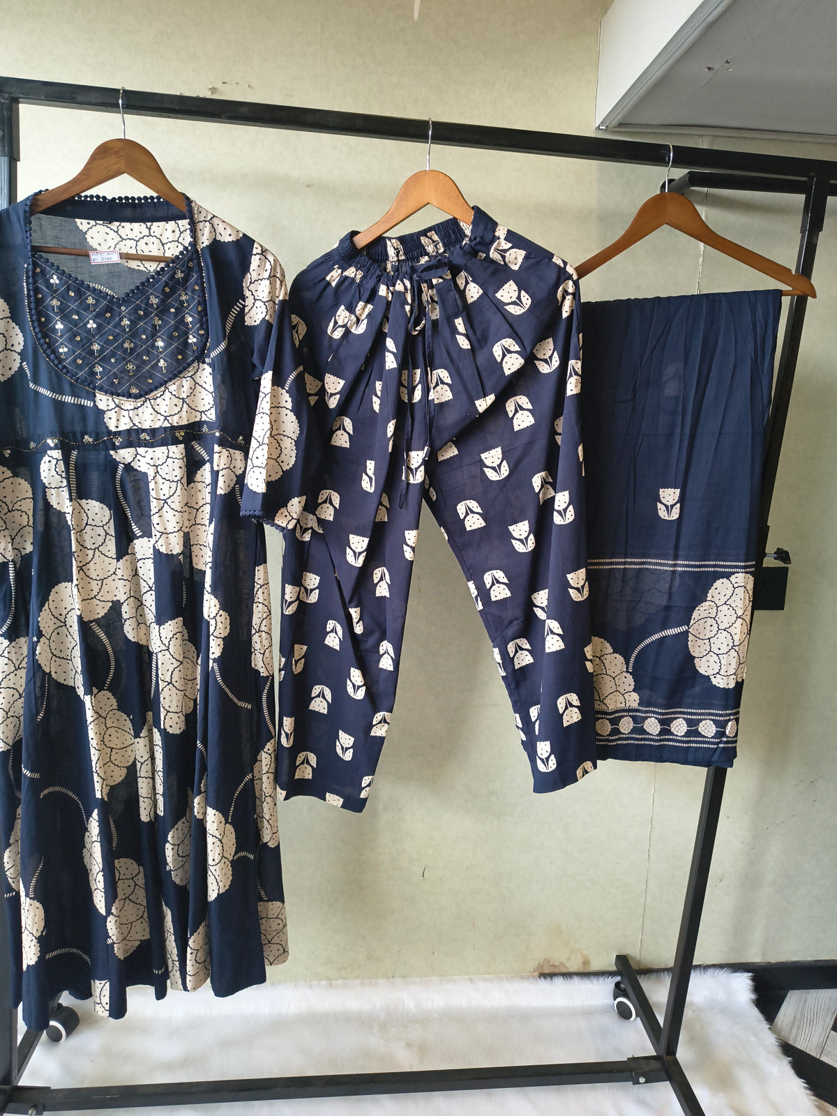 Premium Navy Blue Handblock Printed Cotton Anarkali Suit Set with Printed Pants & Dupatta