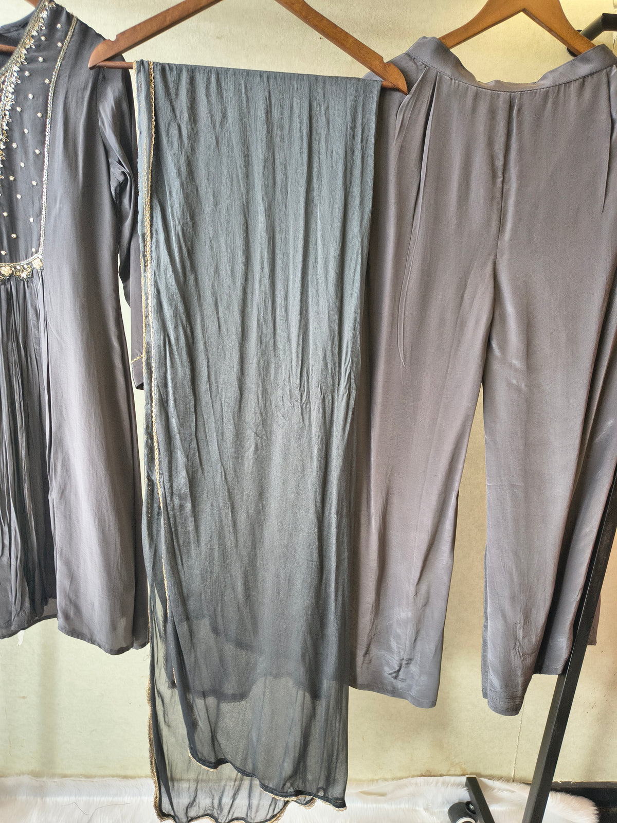 Charcoal Grey Hand Embroidered Anarkali Kurta Set with Churidar Pants & Sheer Dupatta – Premium 3 Piece Festive Ensemble