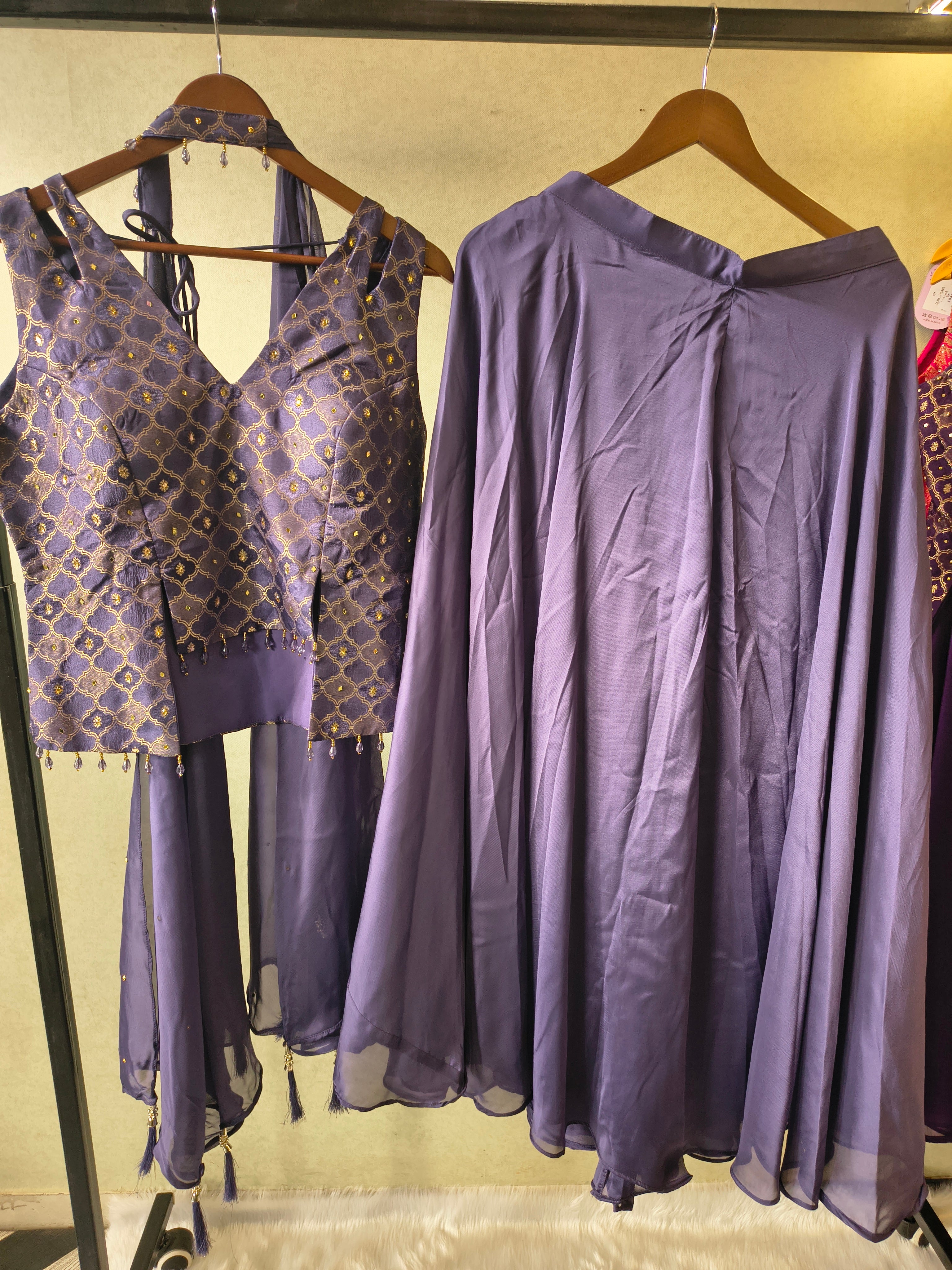 Image of Luxury Steel Blue Jacquard Blouse with Flared Palazzo & Embellished Choker Dupatta – 3 Piece Designer Indo-Western Set