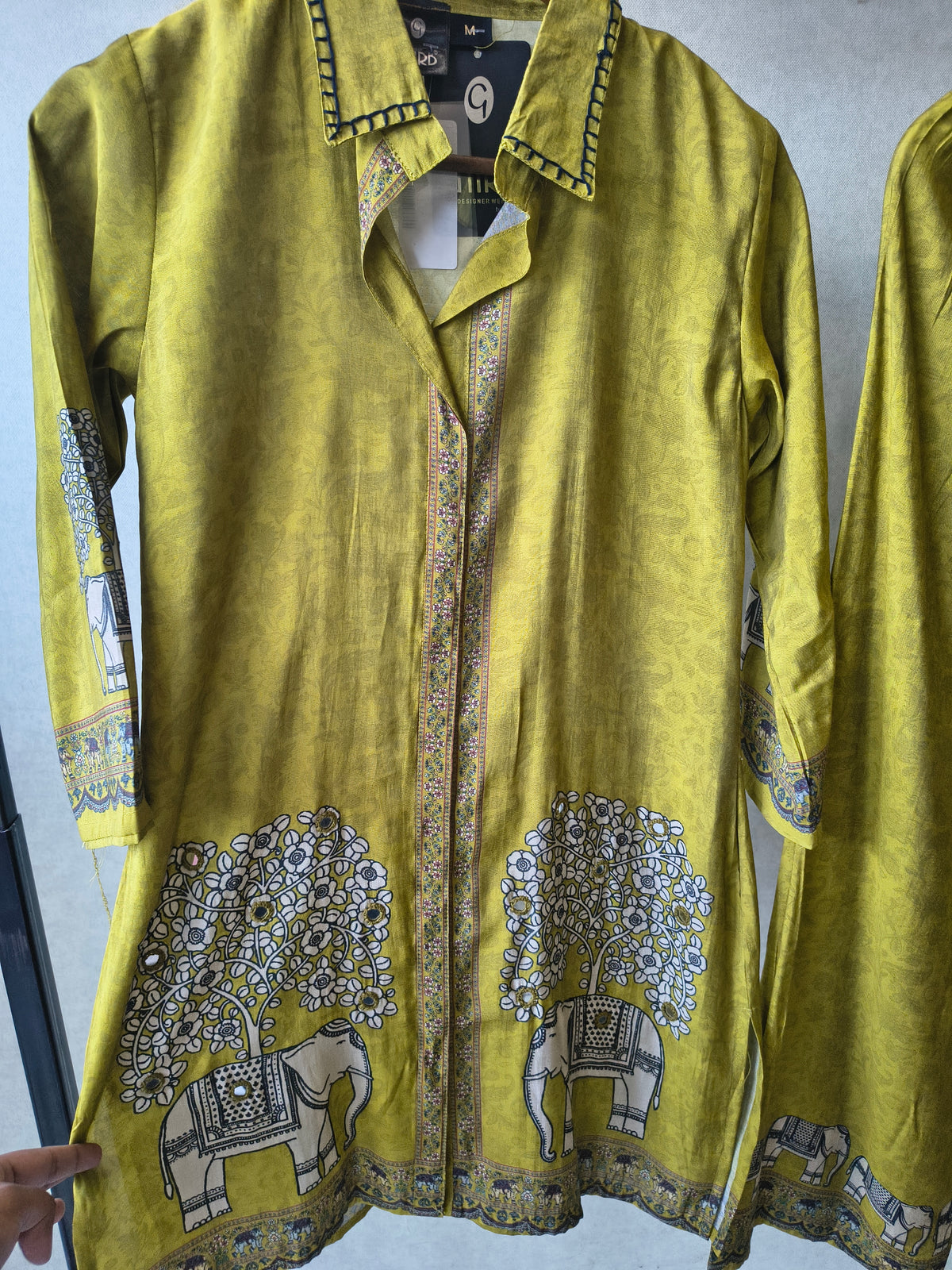 Mustard Yellow Elephant Print Designer Co-Ord Set with Asymmetrical Hem