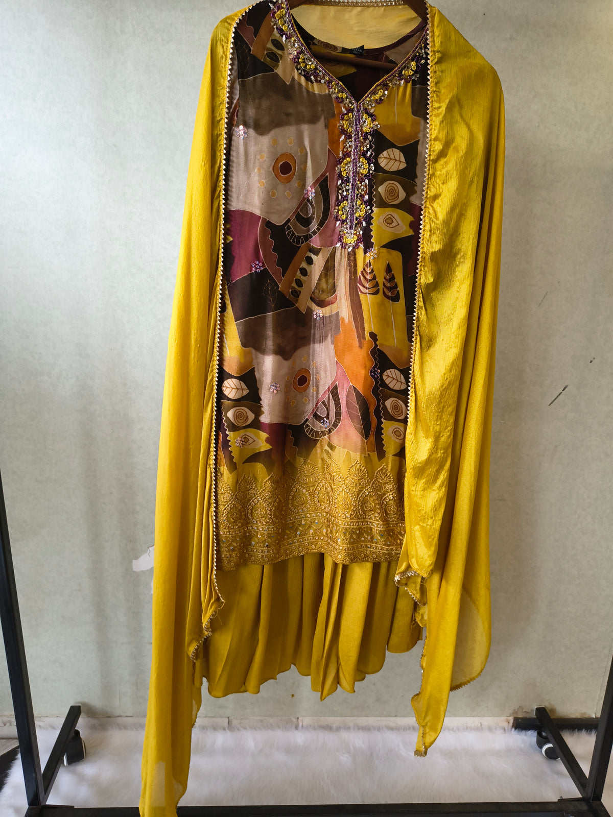 Premium Mustard Abstract Printed Kurta with Sharara & Dupatta Set