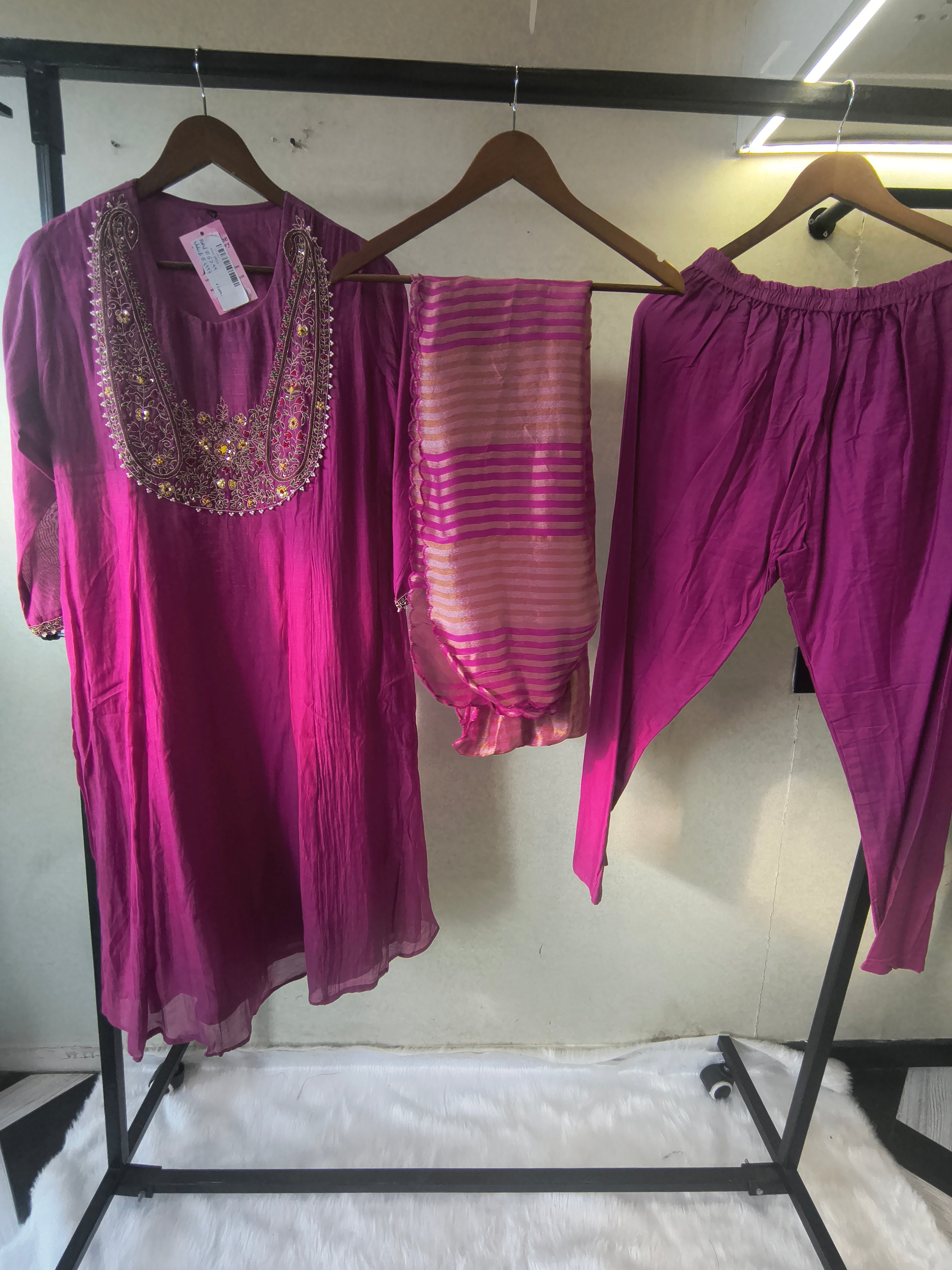Image of Magenta Embroidered Straight Kurta Set with Heavy Handcrafted Yoke, Striped Organza Dupatta & Premium 3 Piece Ethnic Ensemble