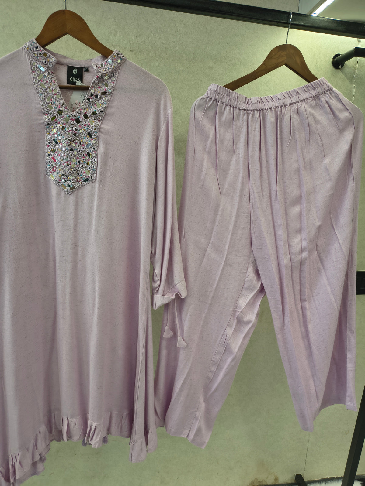 Premium Lilac Mirror Work Co-Ord Kurta Set with Designer Embellished Neckline