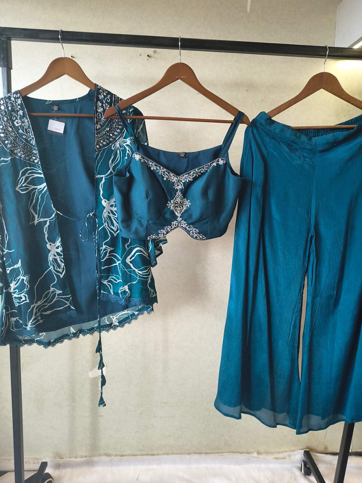 Teal Printed Shrug with Embroidered Designer Bralette & Flared Palazzo – 3 Piece Indo-Western Co-Ord Set