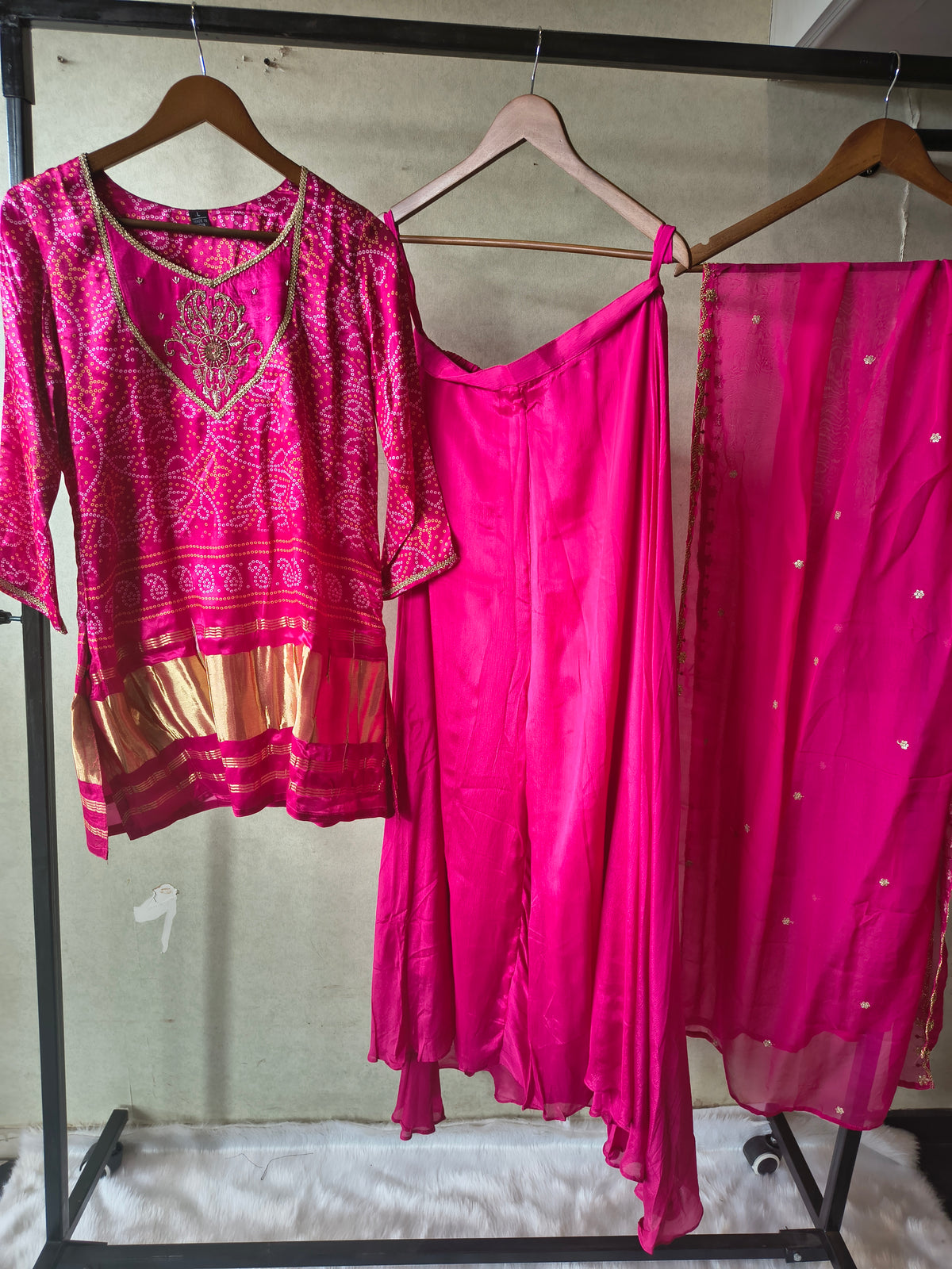 Rani Pink Bandhani Sharara Set with Zari Border & Embroidered Dupatta – Premium 3 Piece Festive Ensemble