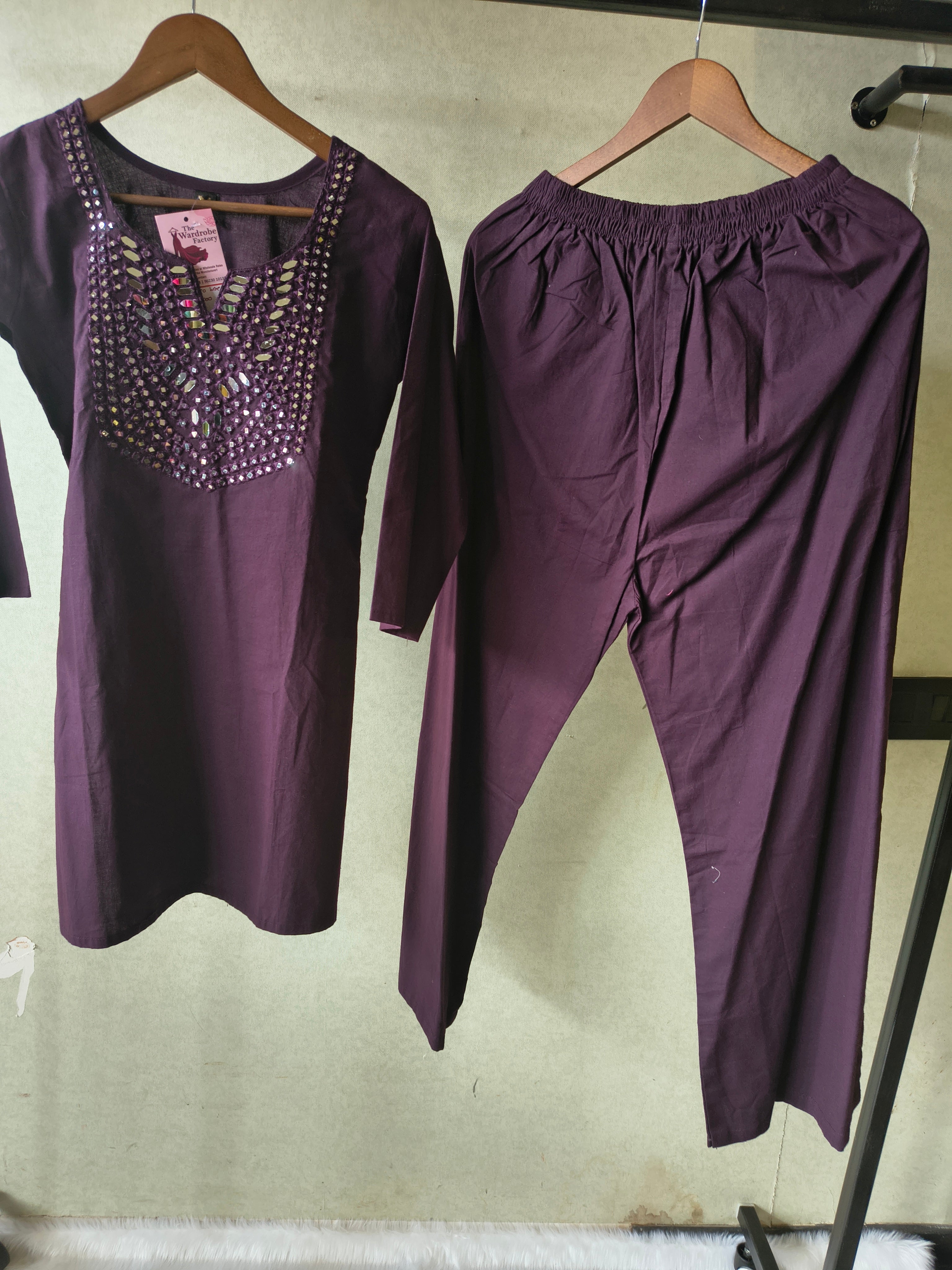 Image of Premium Deep Wine Straight Kurta Set with Mirror Embellished Yoke & Solid Palazzo Pants